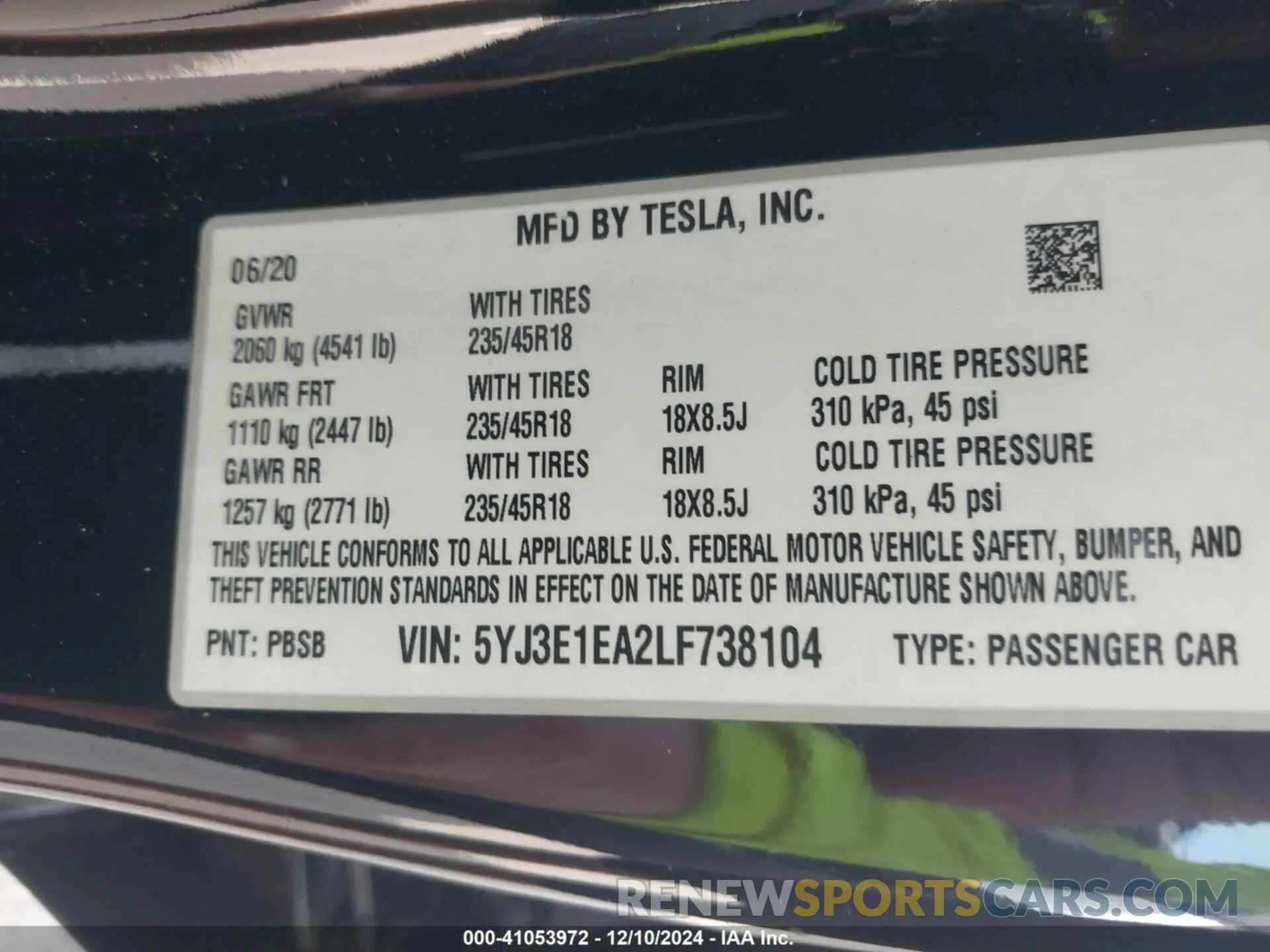 9 fotografías del automóvil dañado 5YJ3E1EA2LF738104 TESLA MODEL 3 2020