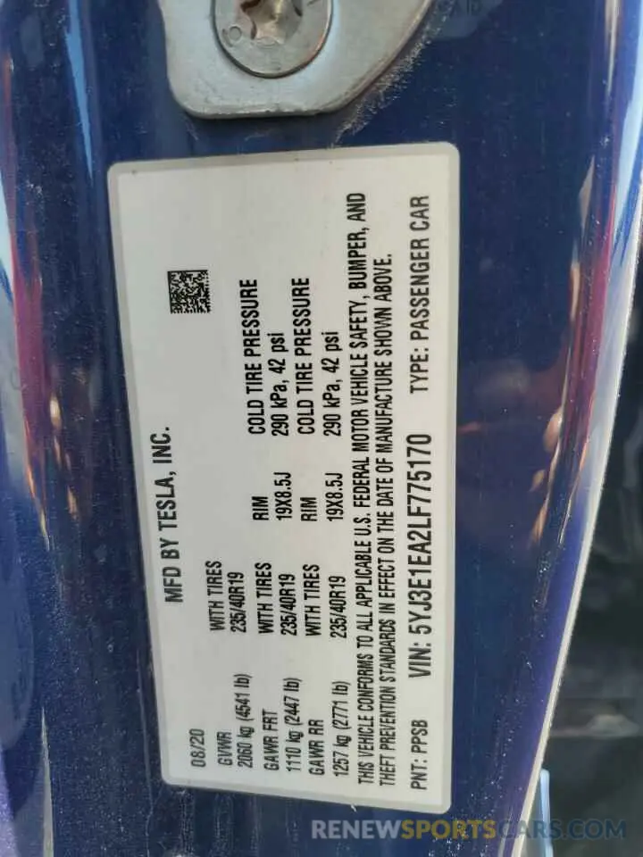 14 fotografías del automóvil dañado 5YJ3E1EA2LF775170 TESLA MODEL 3 2020