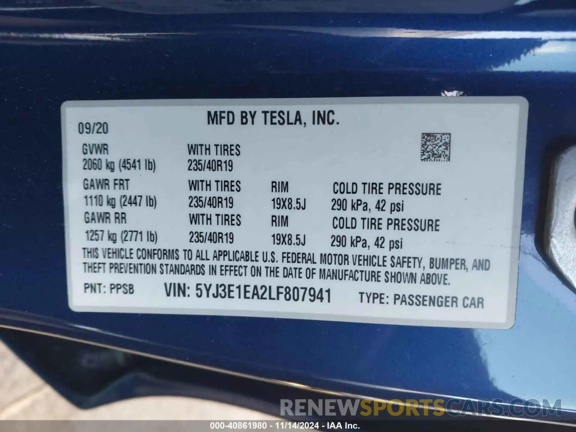 9 fotografías del automóvil dañado 5YJ3E1EA2LF807941 TESLA MODEL 3 2020
