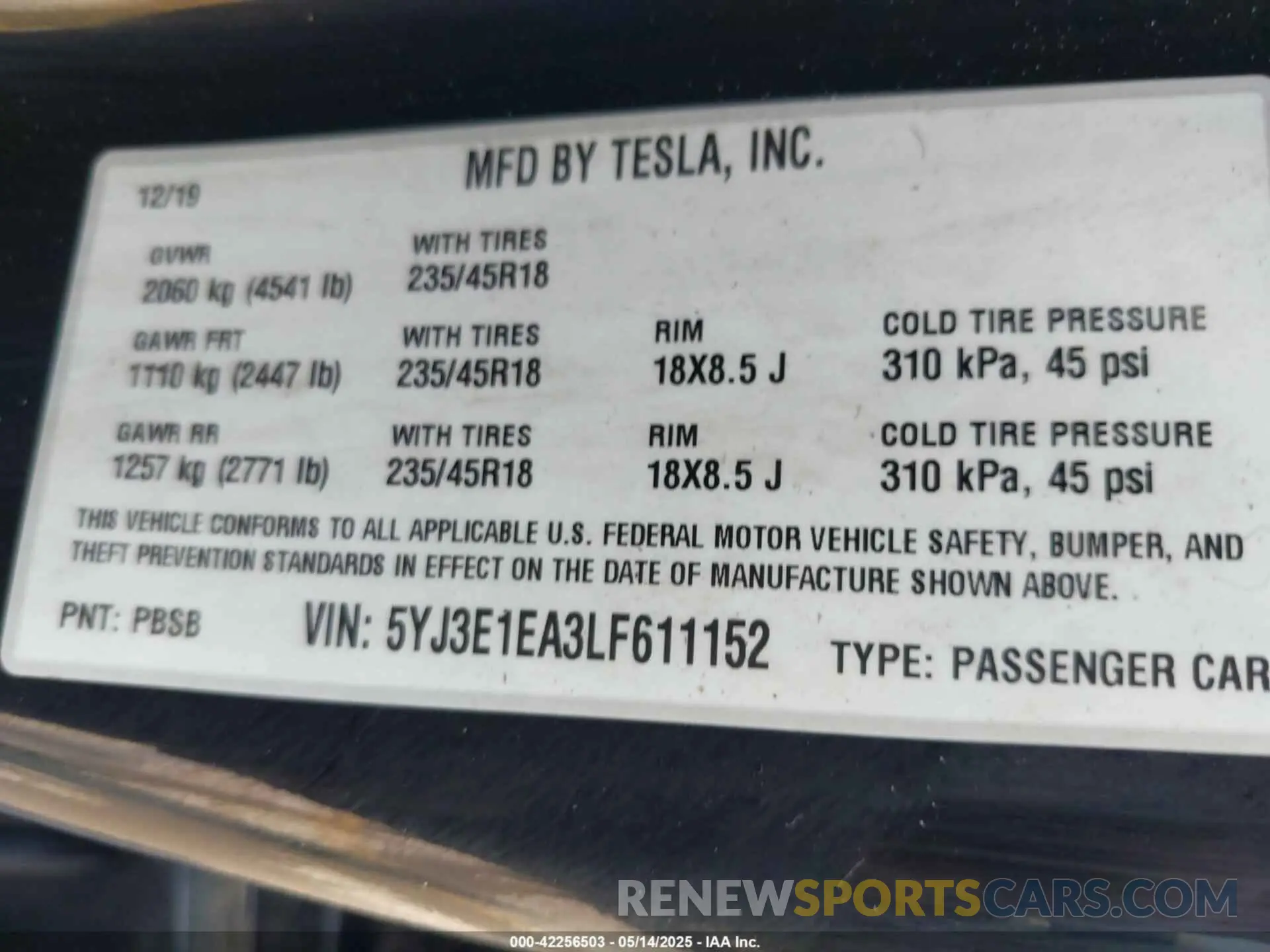 9 fotografías del automóvil dañado 5YJ3E1EA3LF611152 TESLA MODEL 3 2020