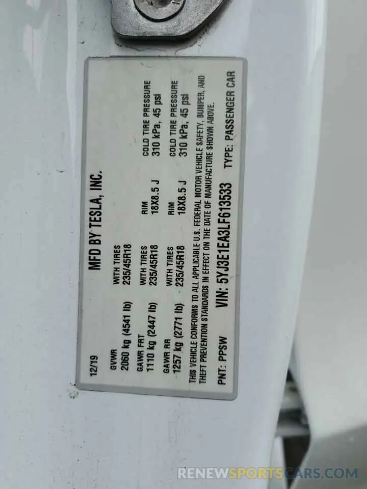 12 fotografías del automóvil dañado 5YJ3E1EA3LF613533 TESLA MODEL 3 2020