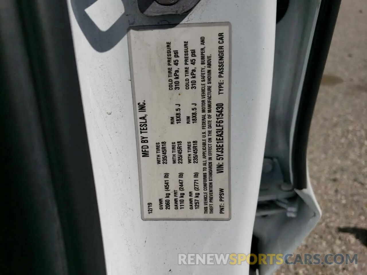 14 fotografías del automóvil dañado 5YJ3E1EA3LF615430 TESLA MODEL 3 2020