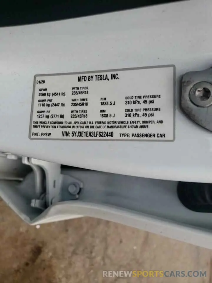 10 fotografías del automóvil dañado 5YJ3E1EA3LF632440 TESLA MODEL 3 2020