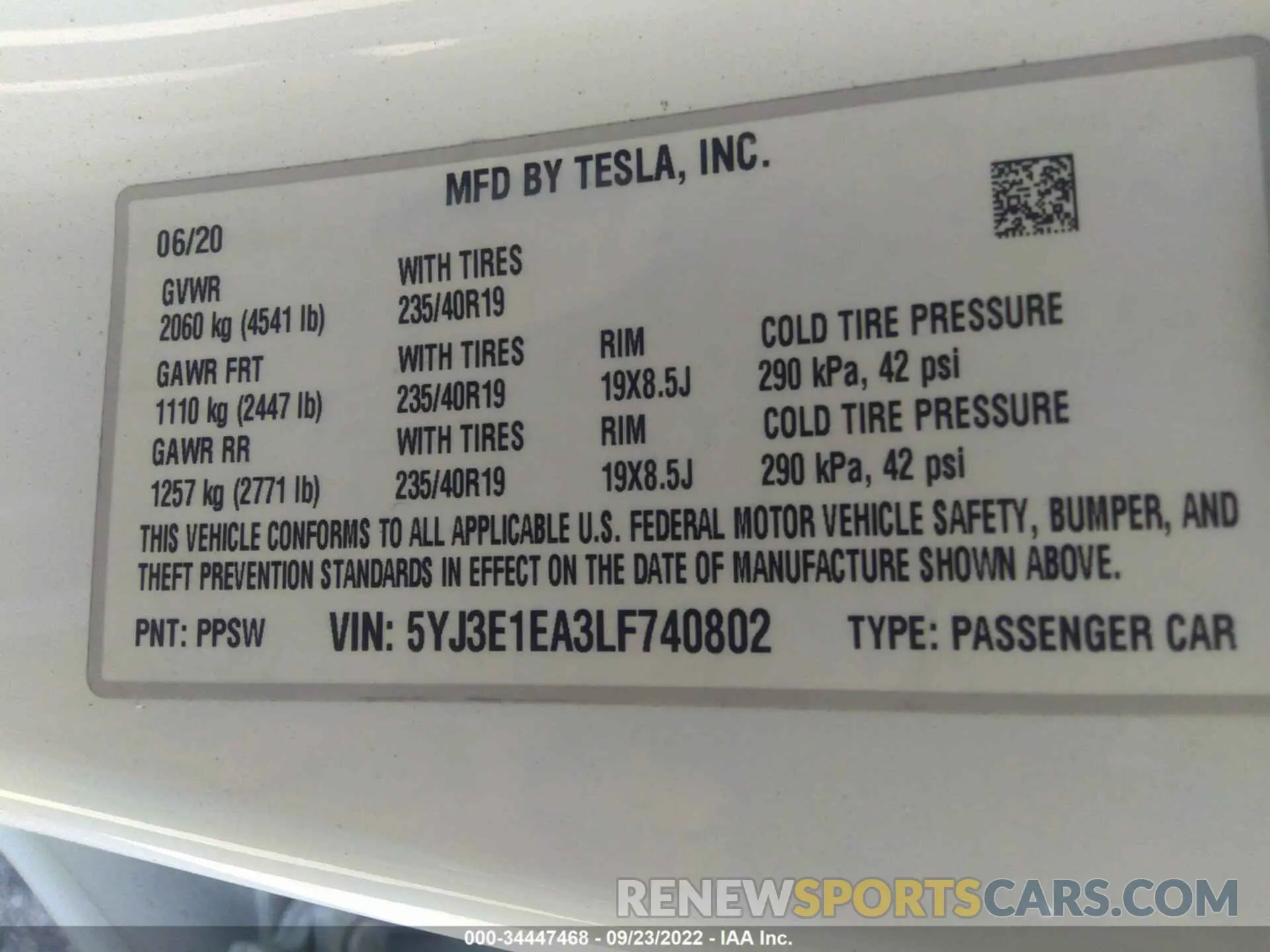 9 fotografías del automóvil dañado 5YJ3E1EA3LF740802 TESLA MODEL 3 2020