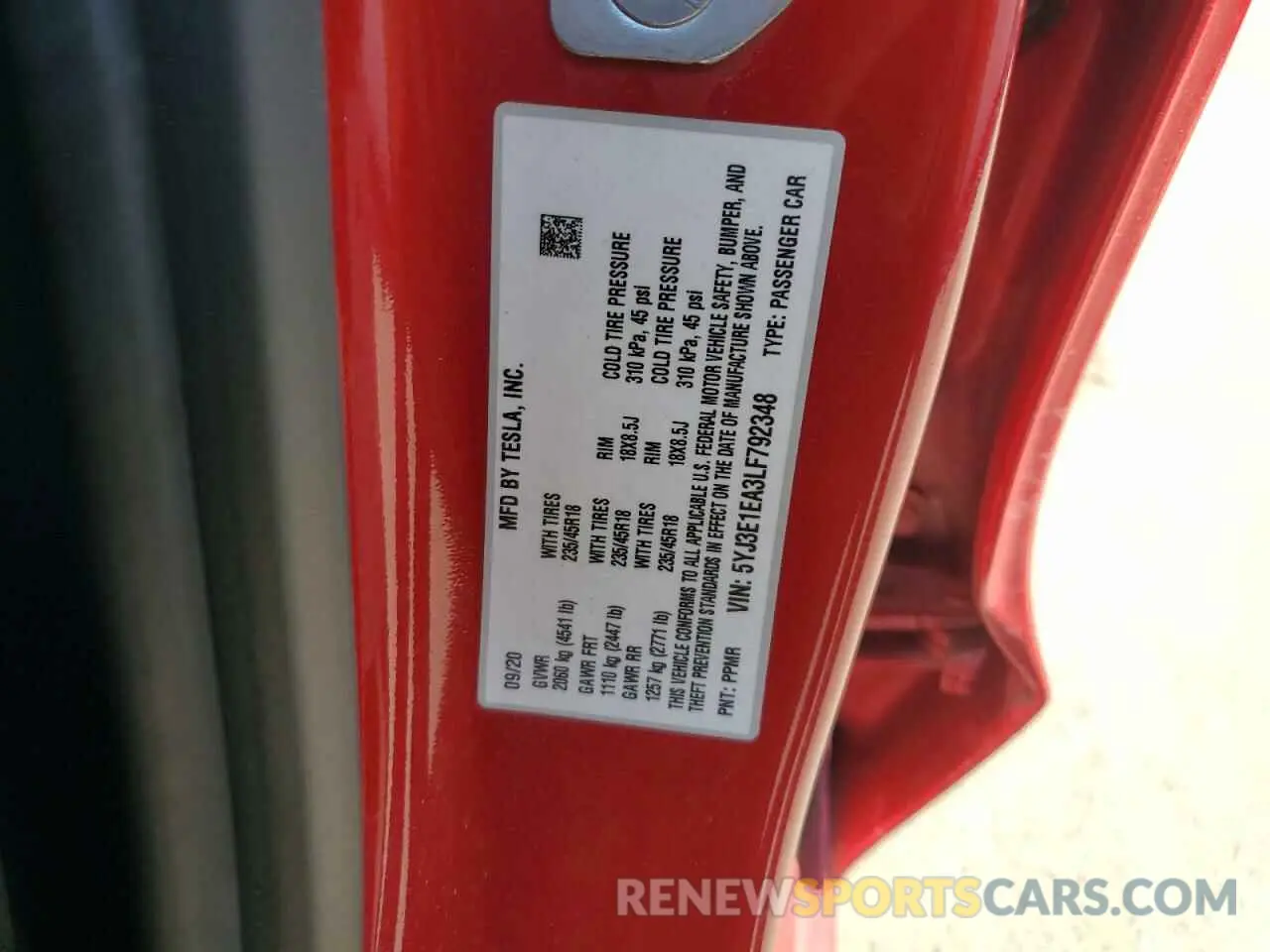 12 fotografías del automóvil dañado 5YJ3E1EA3LF792348 TESLA MODEL 3 2020