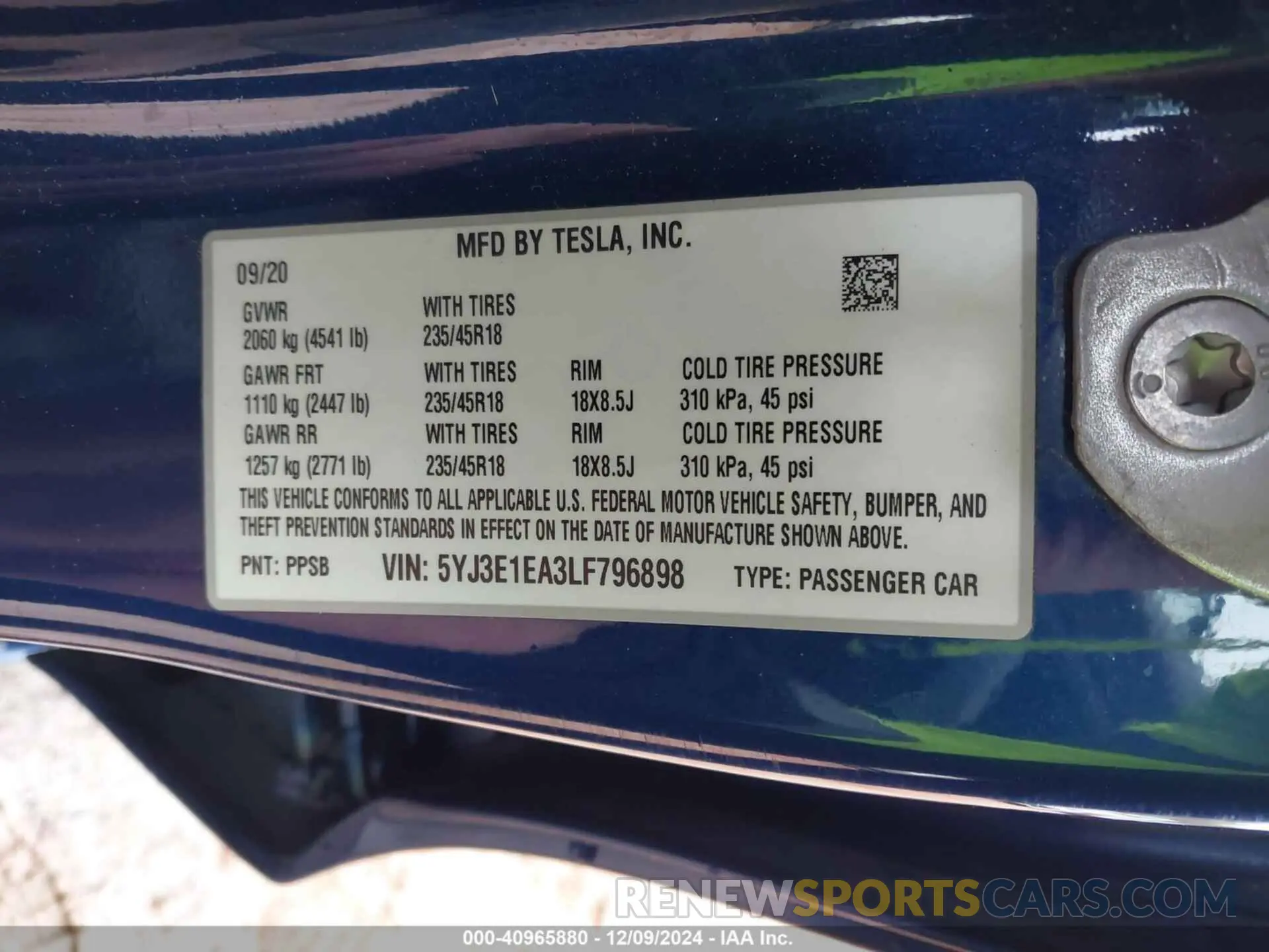9 fotografías del automóvil dañado 5YJ3E1EA3LF796898 TESLA MODEL 3 2020