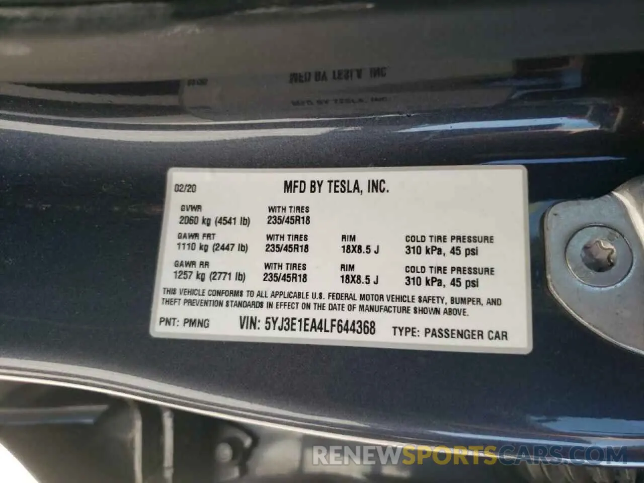 10 fotografías del automóvil dañado 5YJ3E1EA4LF644368 TESLA MODEL 3 2020