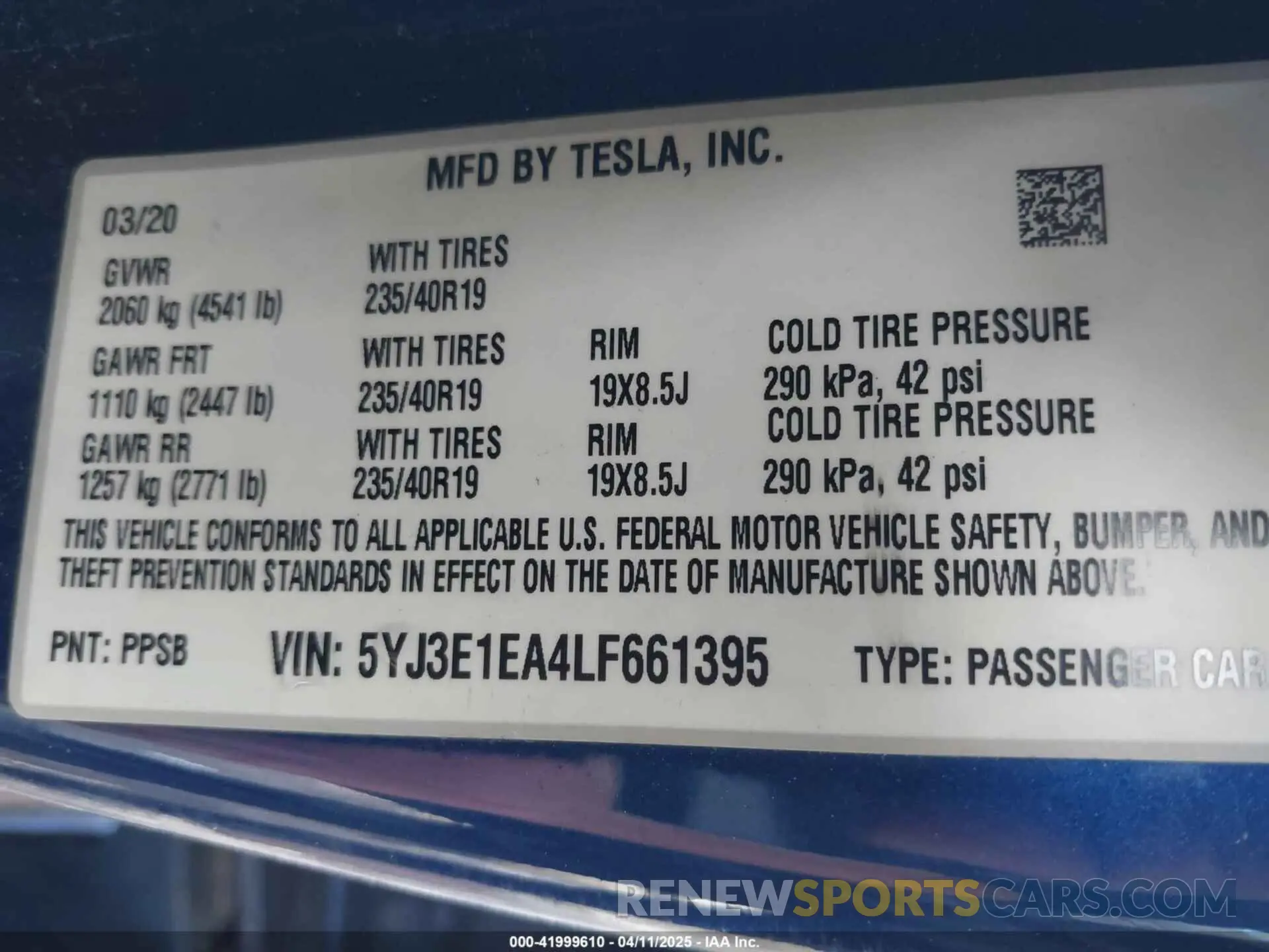 9 fotografías del automóvil dañado 5YJ3E1EA4LF661395 TESLA MODEL 3 2020
