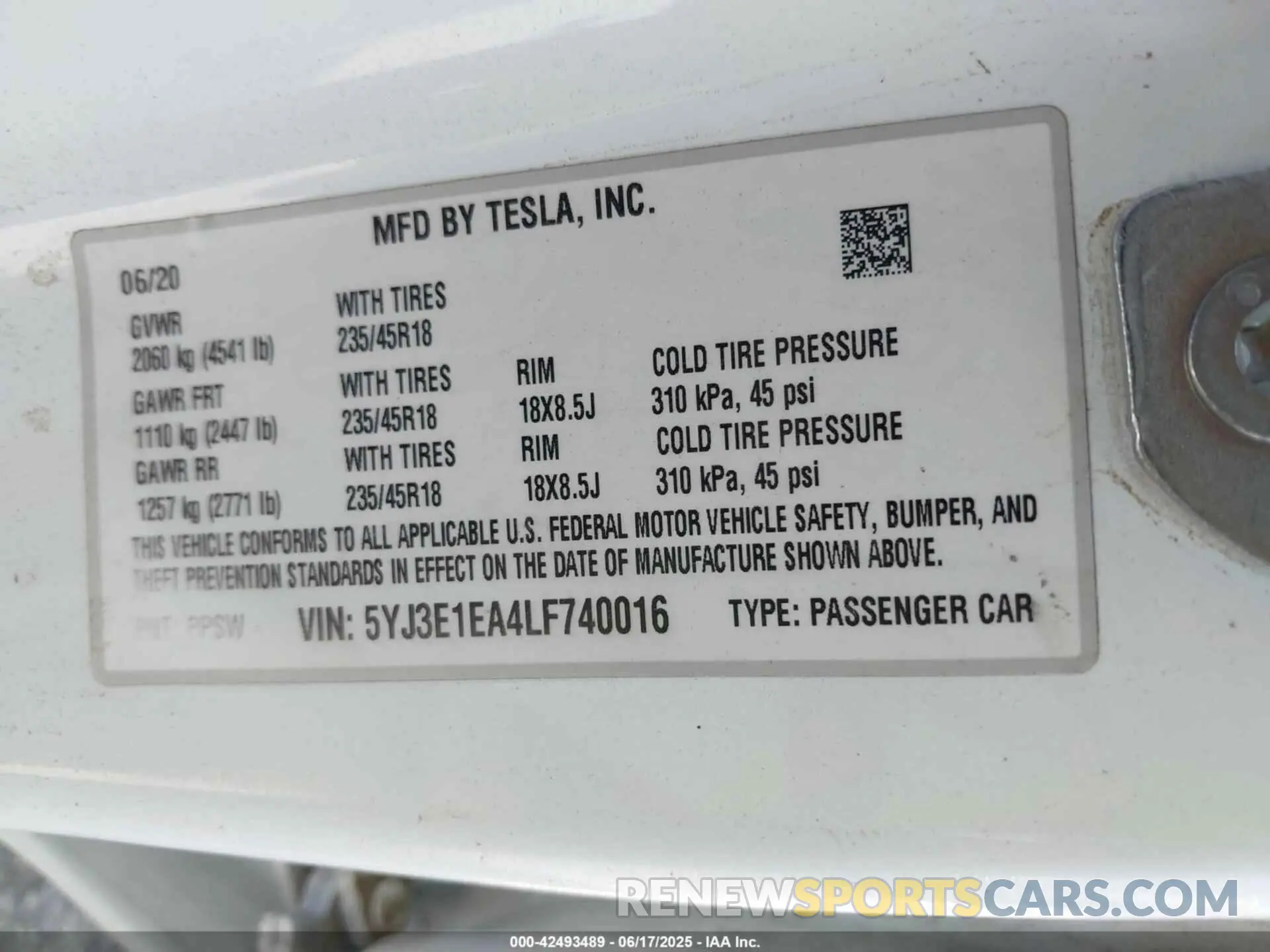 9 fotografías del automóvil dañado 5YJ3E1EA4LF740016 TESLA MODEL 3 2020