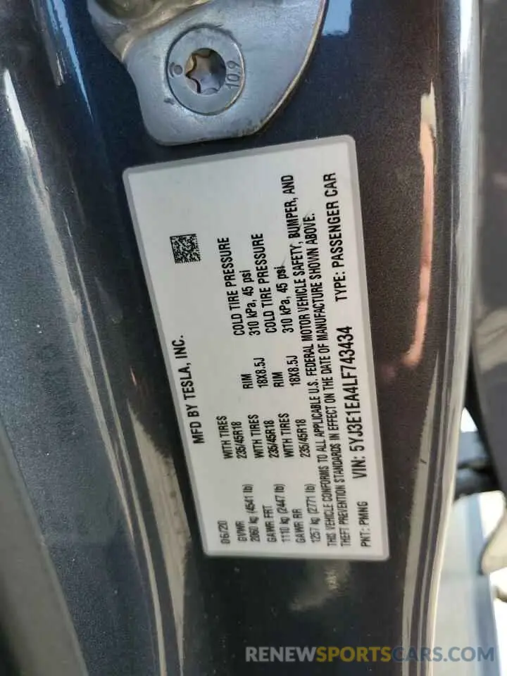 12 fotografías del automóvil dañado 5YJ3E1EA4LF743434 TESLA MODEL 3 2020