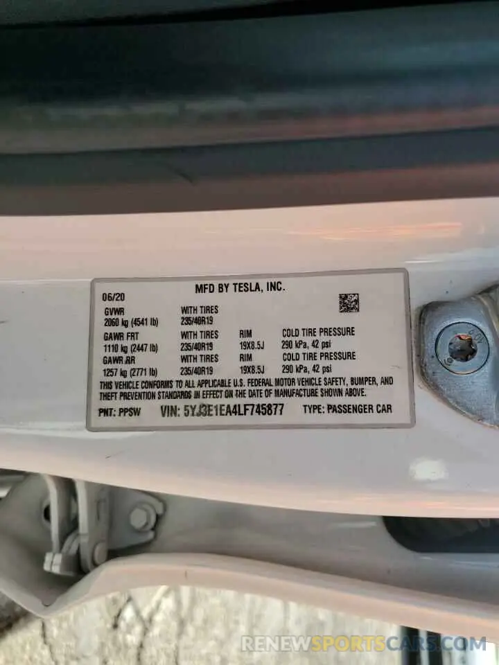 12 fotografías del automóvil dañado 5YJ3E1EA4LF745877 TESLA MODEL 3 2020