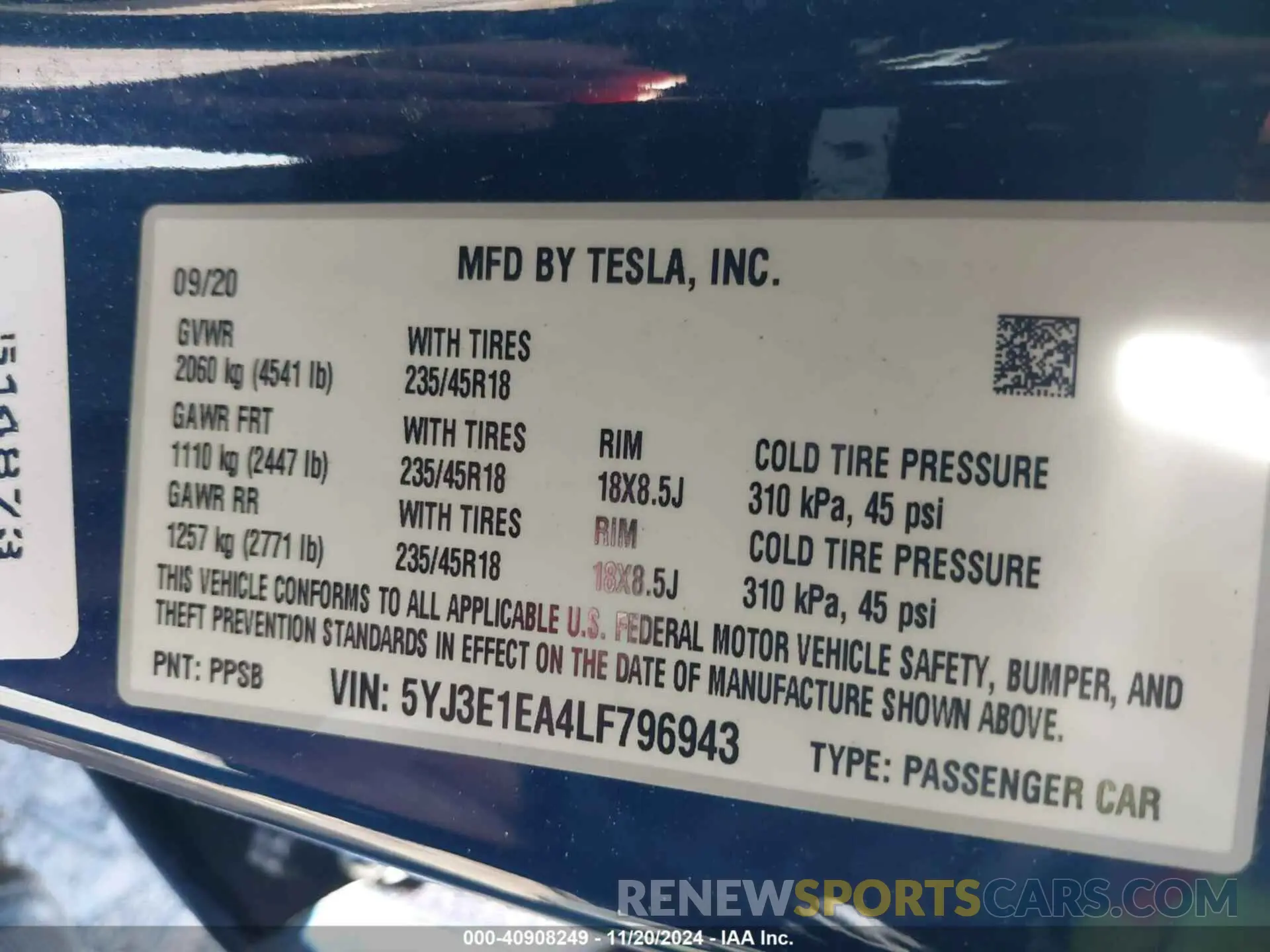 9 fotografías del automóvil dañado 5YJ3E1EA4LF796943 TESLA MODEL 3 2020