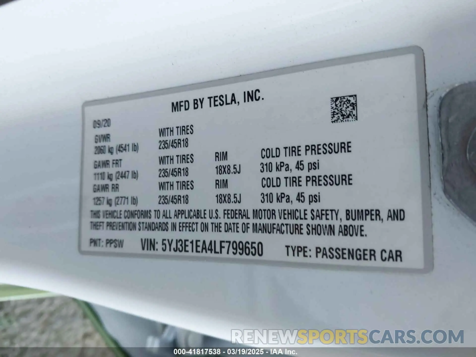 9 fotografías del automóvil dañado 5YJ3E1EA4LF799650 TESLA MODEL 3 2020