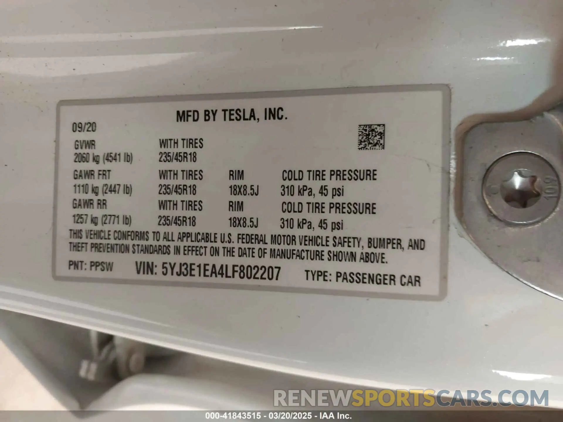9 fotografías del automóvil dañado 5YJ3E1EA4LF802207 TESLA MODEL 3 2020