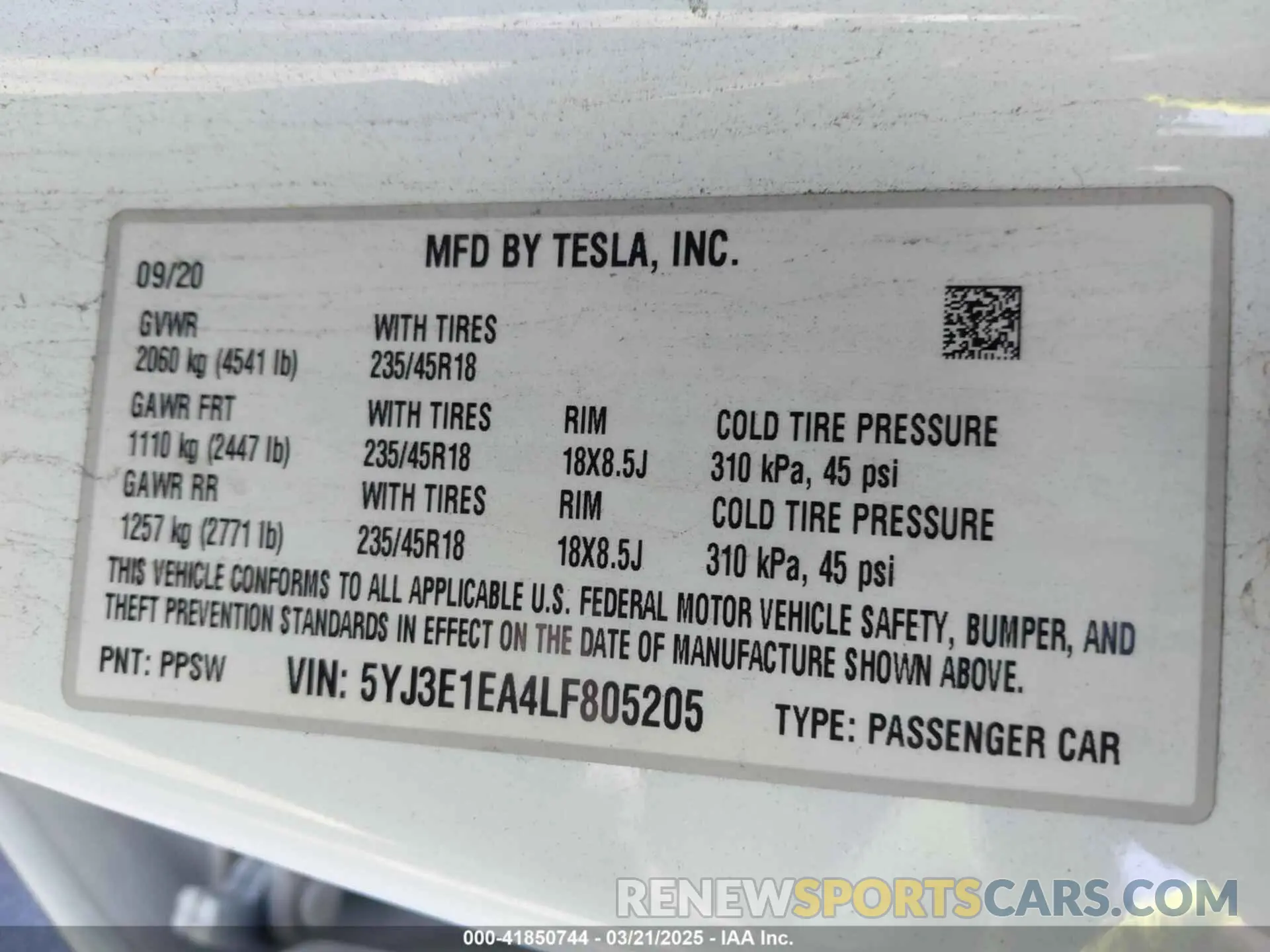 9 fotografías del automóvil dañado 5YJ3E1EA4LF805205 TESLA MODEL 3 2020