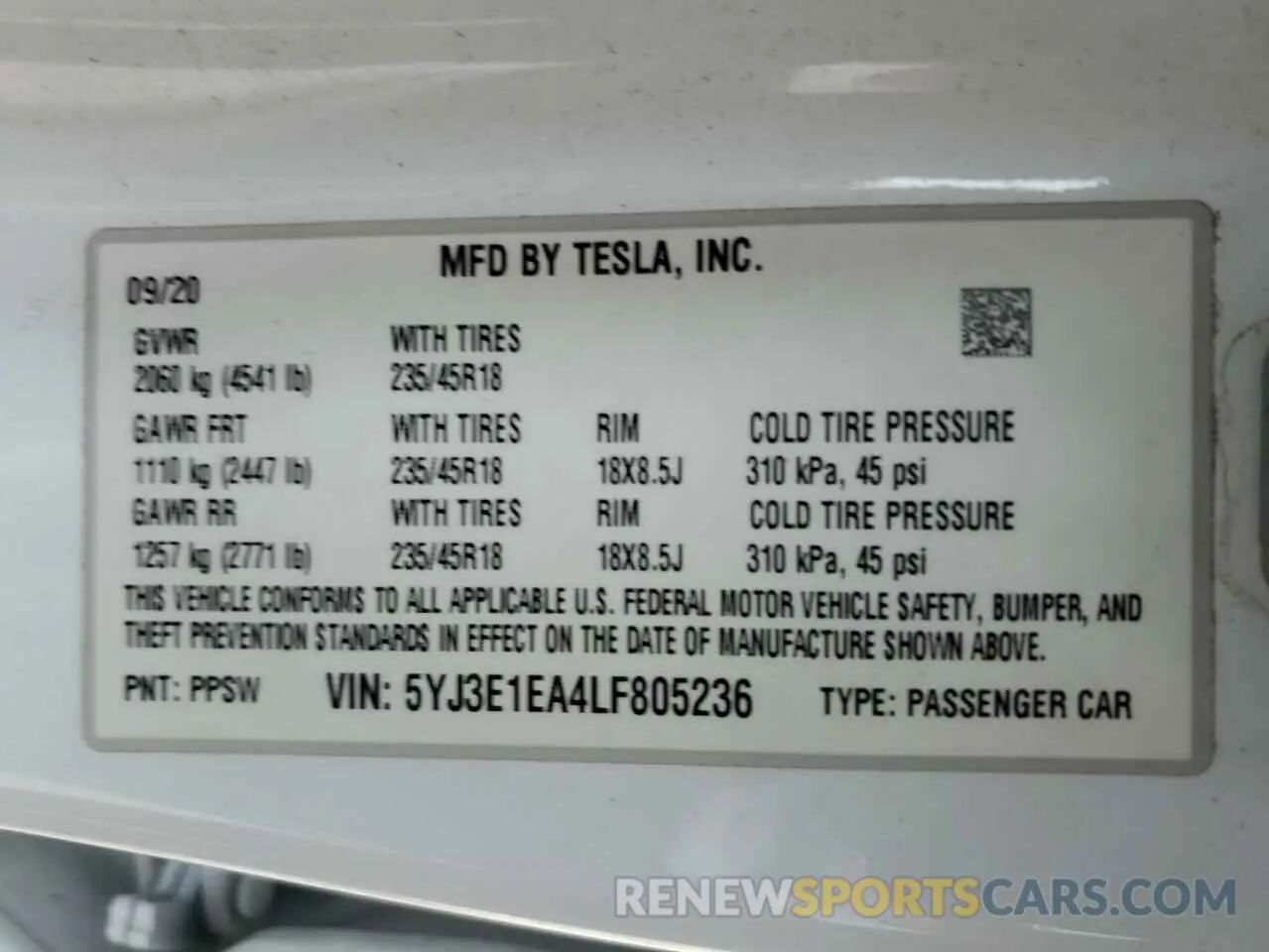 12 fotografías del automóvil dañado 5YJ3E1EA4LF805236 TESLA MODEL 3 2020