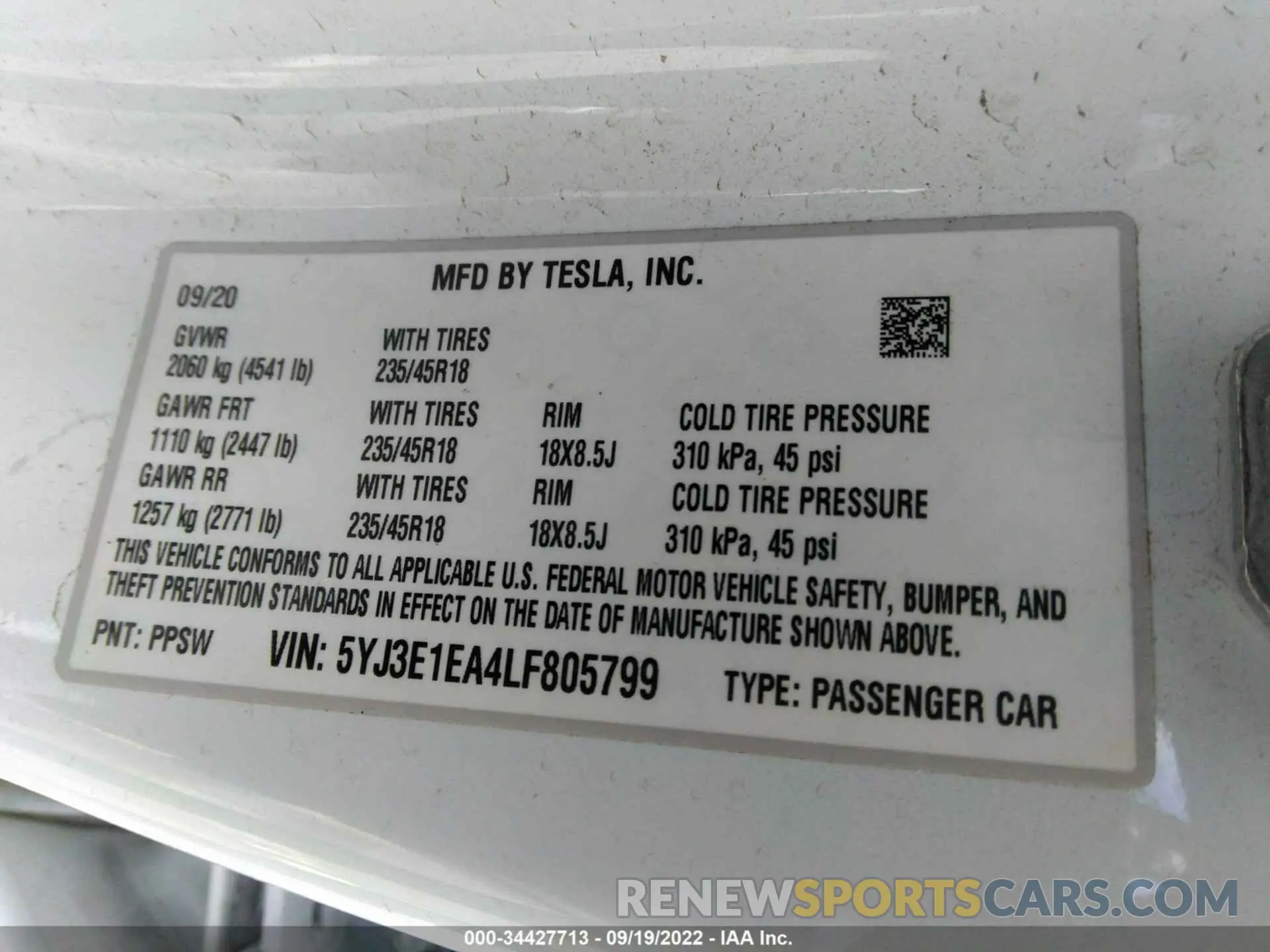 9 fotografías del automóvil dañado 5YJ3E1EA4LF805799 TESLA MODEL 3 2020