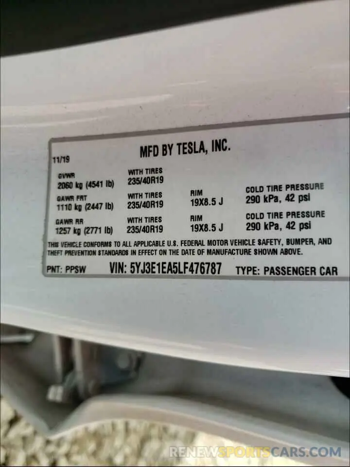 10 fotografías del automóvil dañado 5YJ3E1EA5LF476787 TESLA MODEL 3 2020