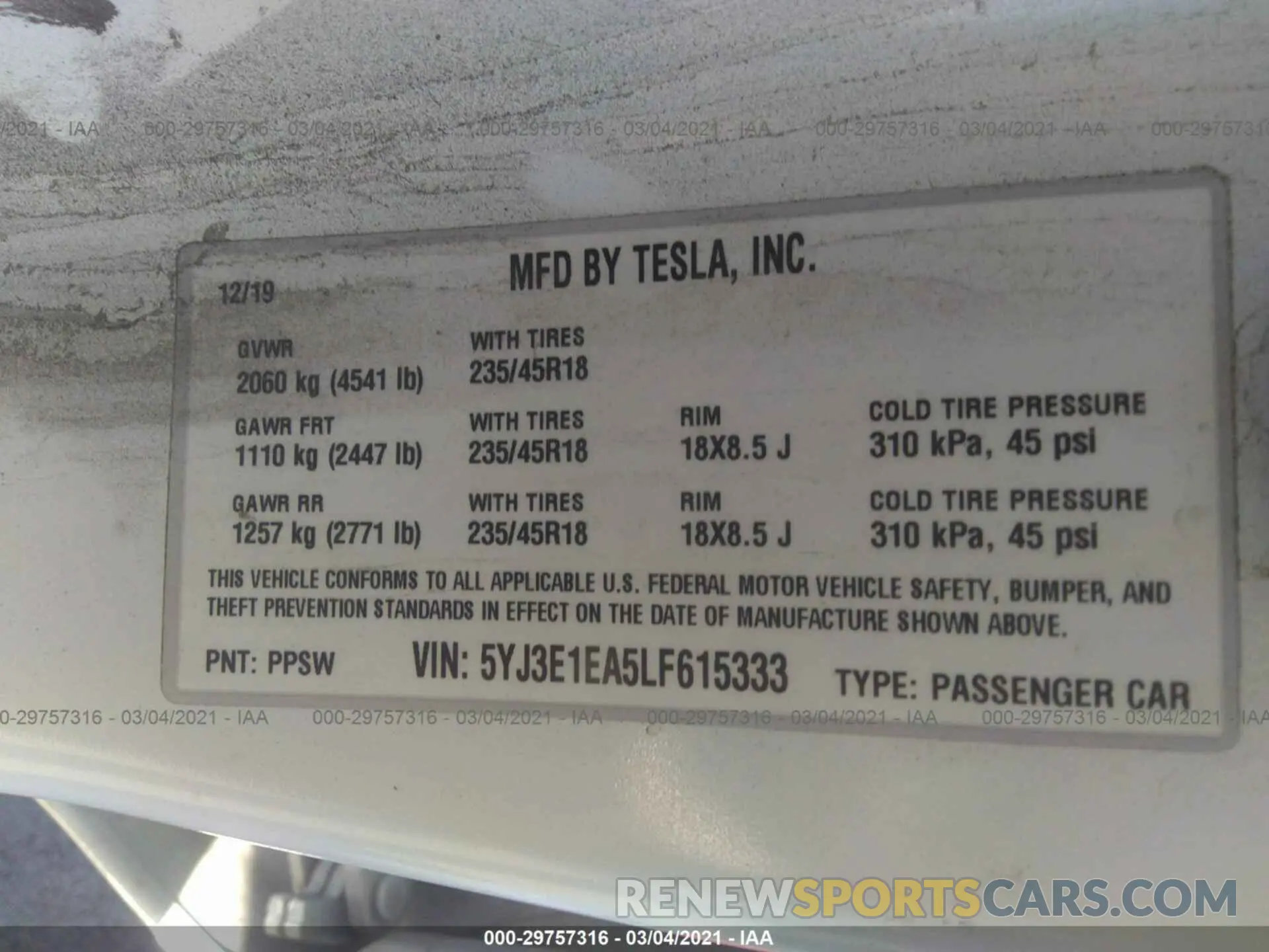 9 fotografías del automóvil dañado 5YJ3E1EA5LF615333 TESLA MODEL 3 2020