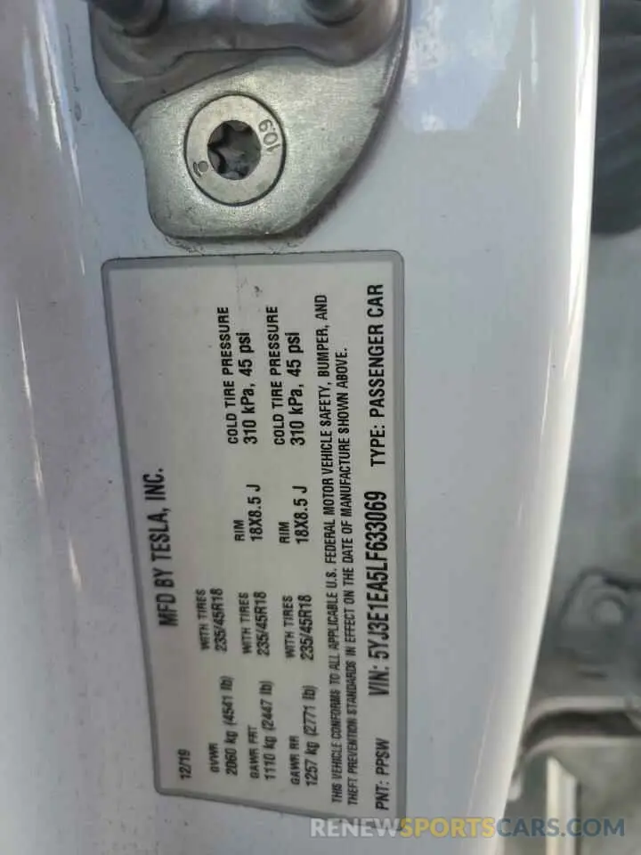 13 fotografías del automóvil dañado 5YJ3E1EA5LF633069 TESLA MODEL 3 2020