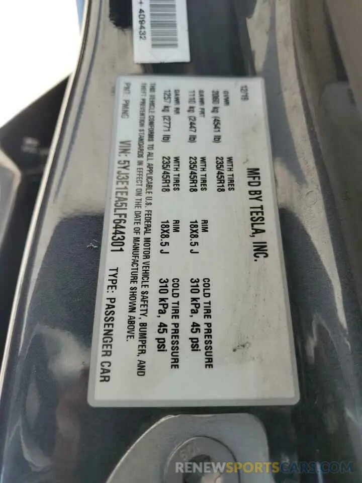 14 fotografías del automóvil dañado 5YJ3E1EA5LF644301 TESLA MODEL 3 2020
