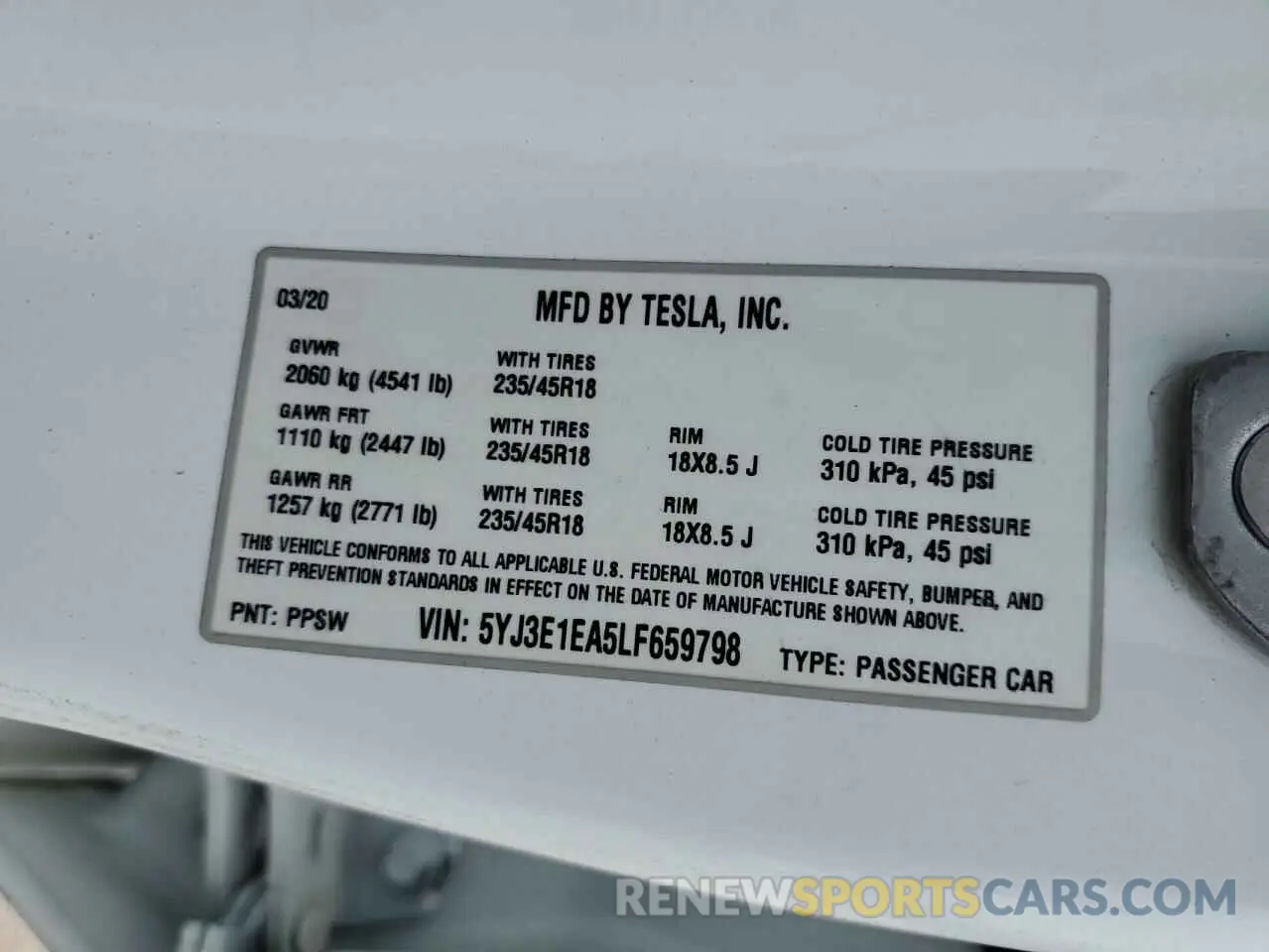 13 fotografías del automóvil dañado 5YJ3E1EA5LF659798 TESLA MODEL 3 2020
