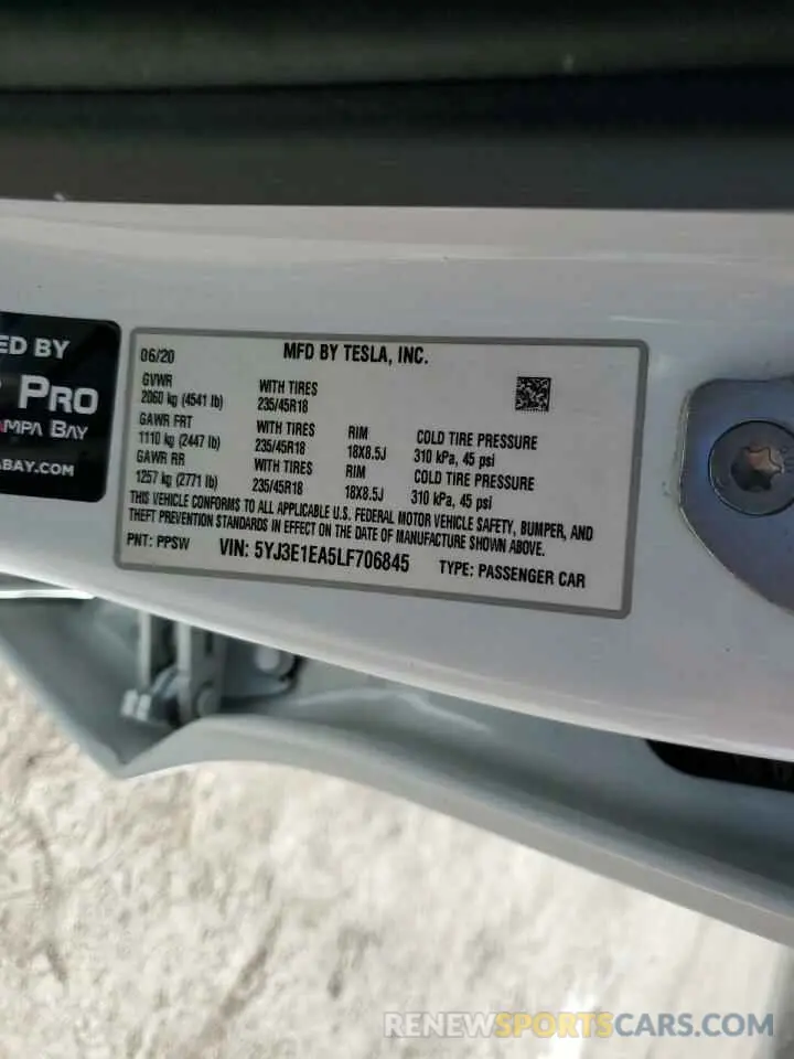 13 fotografías del automóvil dañado 5YJ3E1EA5LF706845 TESLA MODEL 3 2020