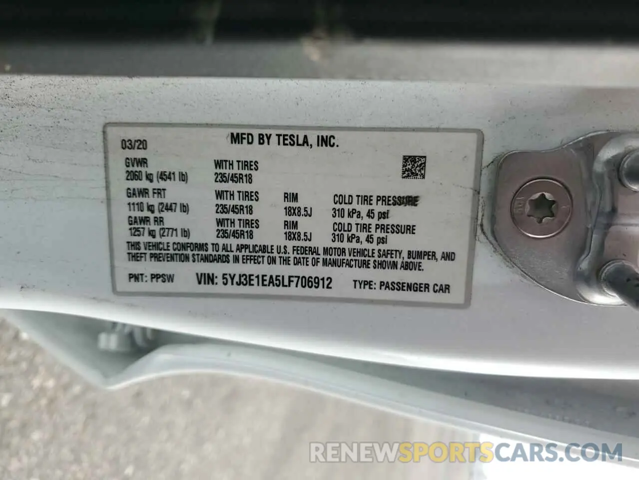 14 fotografías del automóvil dañado 5YJ3E1EA5LF706912 TESLA MODEL 3 2020