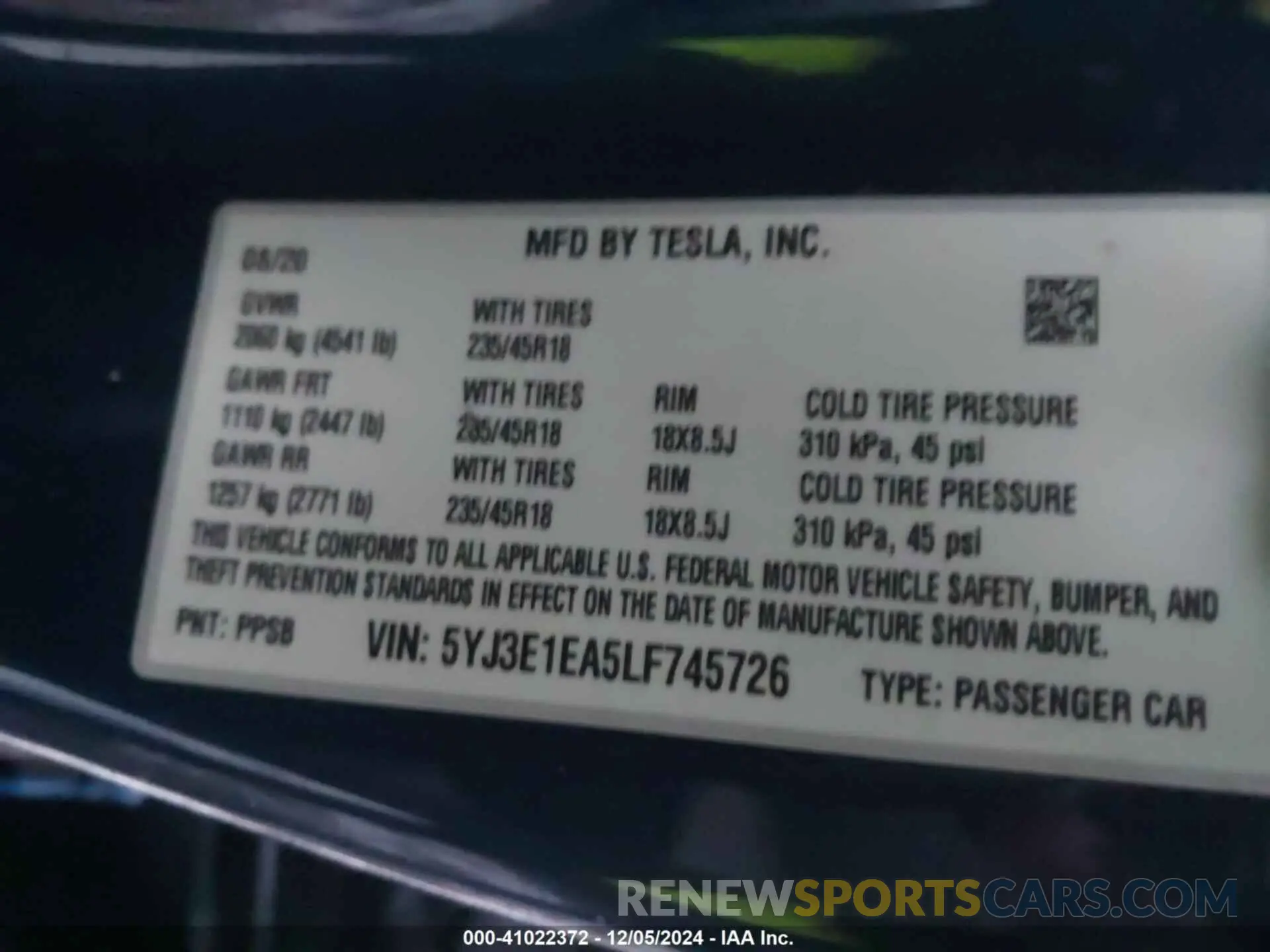 9 fotografías del automóvil dañado 5YJ3E1EA5LF745726 TESLA MODEL 3 2020