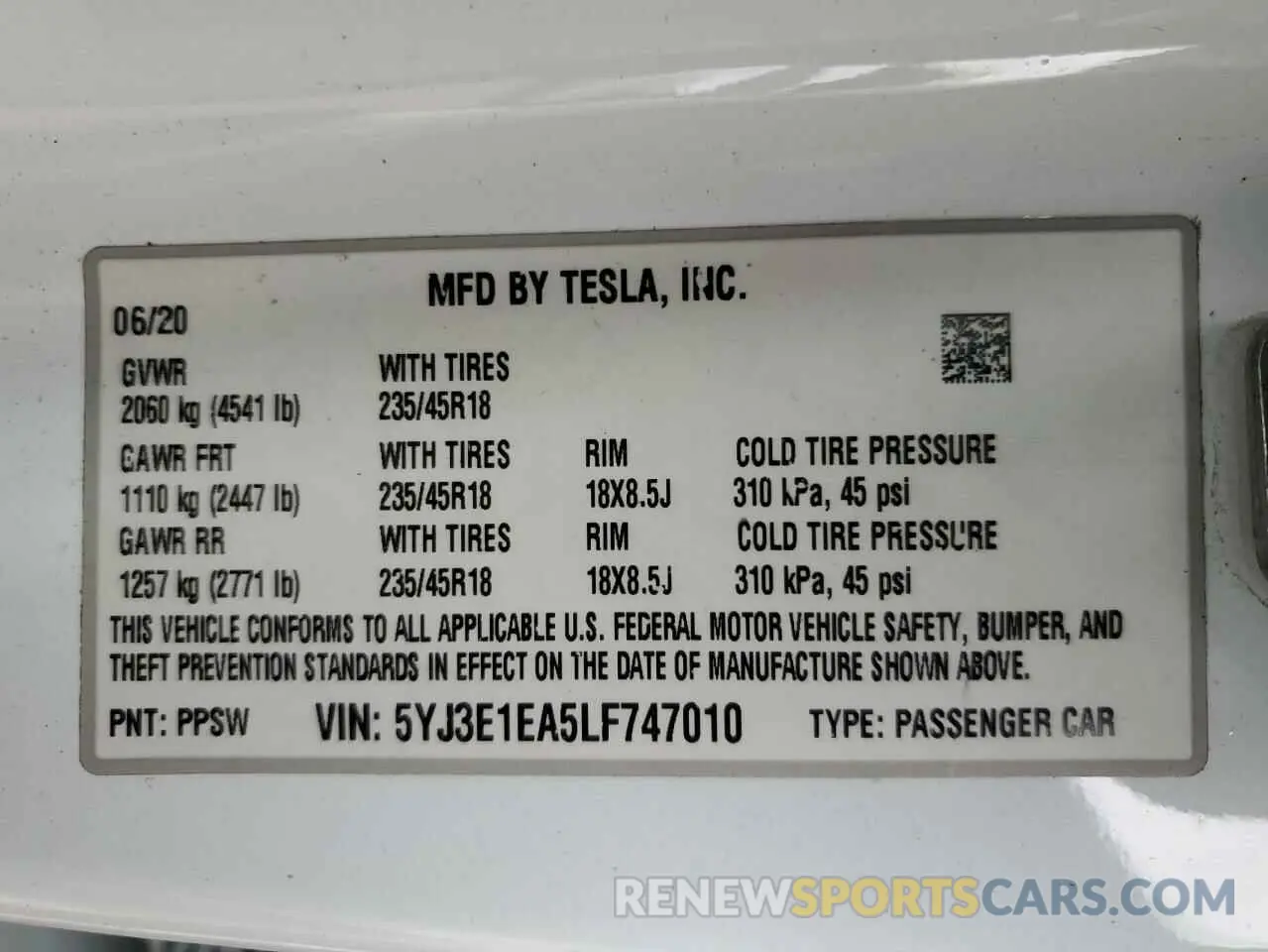 15 fotografías del automóvil dañado 5YJ3E1EA5LF747010 TESLA MODEL 3 2020