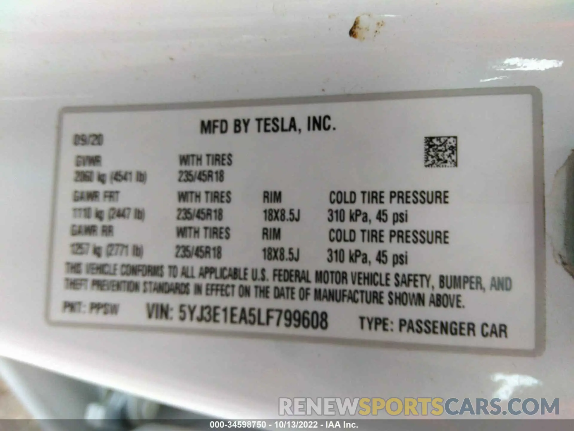 9 fotografías del automóvil dañado 5YJ3E1EA5LF799608 TESLA MODEL 3 2020