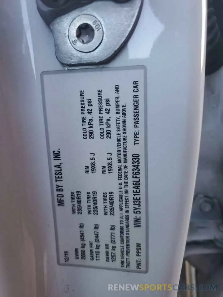 12 fotografías del automóvil dañado 5YJ3E1EA6LF634330 TESLA MODEL 3 2020