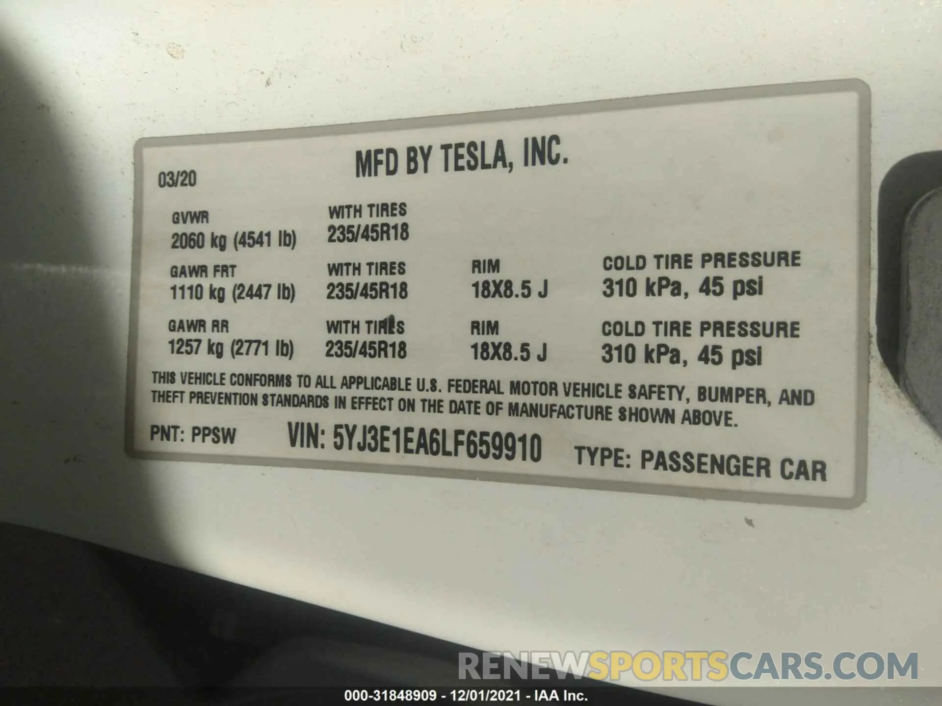 9 fotografías del automóvil dañado 5YJ3E1EA6LF659910 TESLA MODEL 3 2020