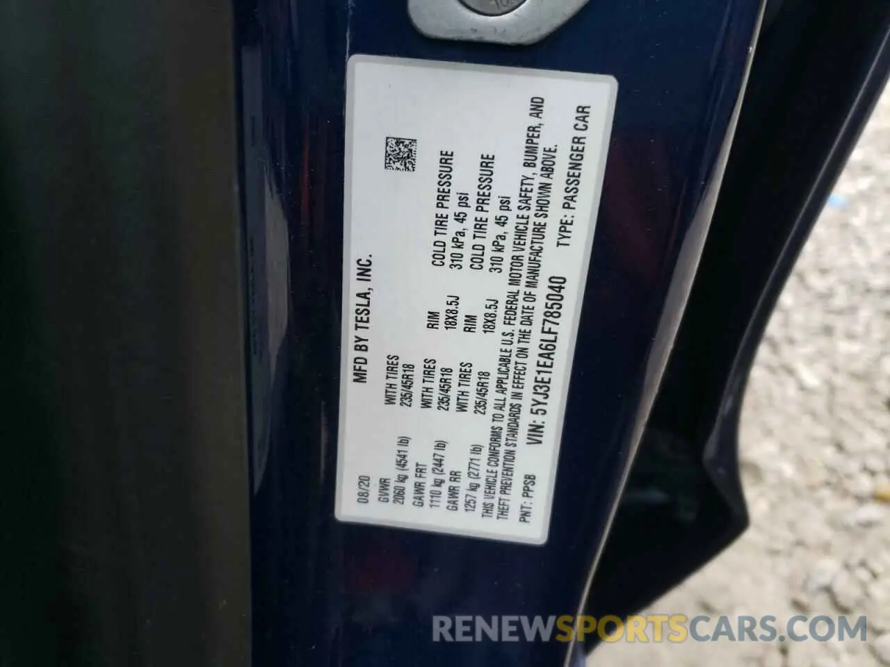 13 fotografías del automóvil dañado 5YJ3E1EA6LF785040 TESLA MODEL 3 2020