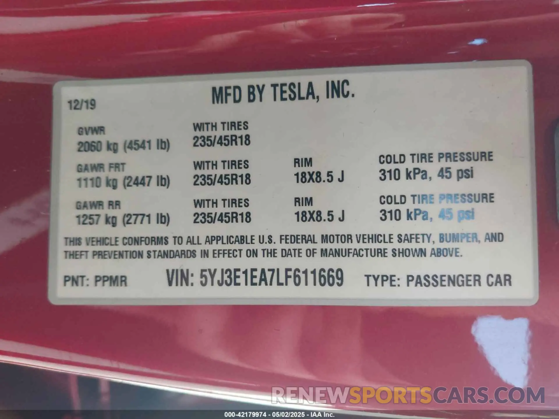 9 fotografías del automóvil dañado 5YJ3E1EA7LF611669 TESLA MODEL 3 2020