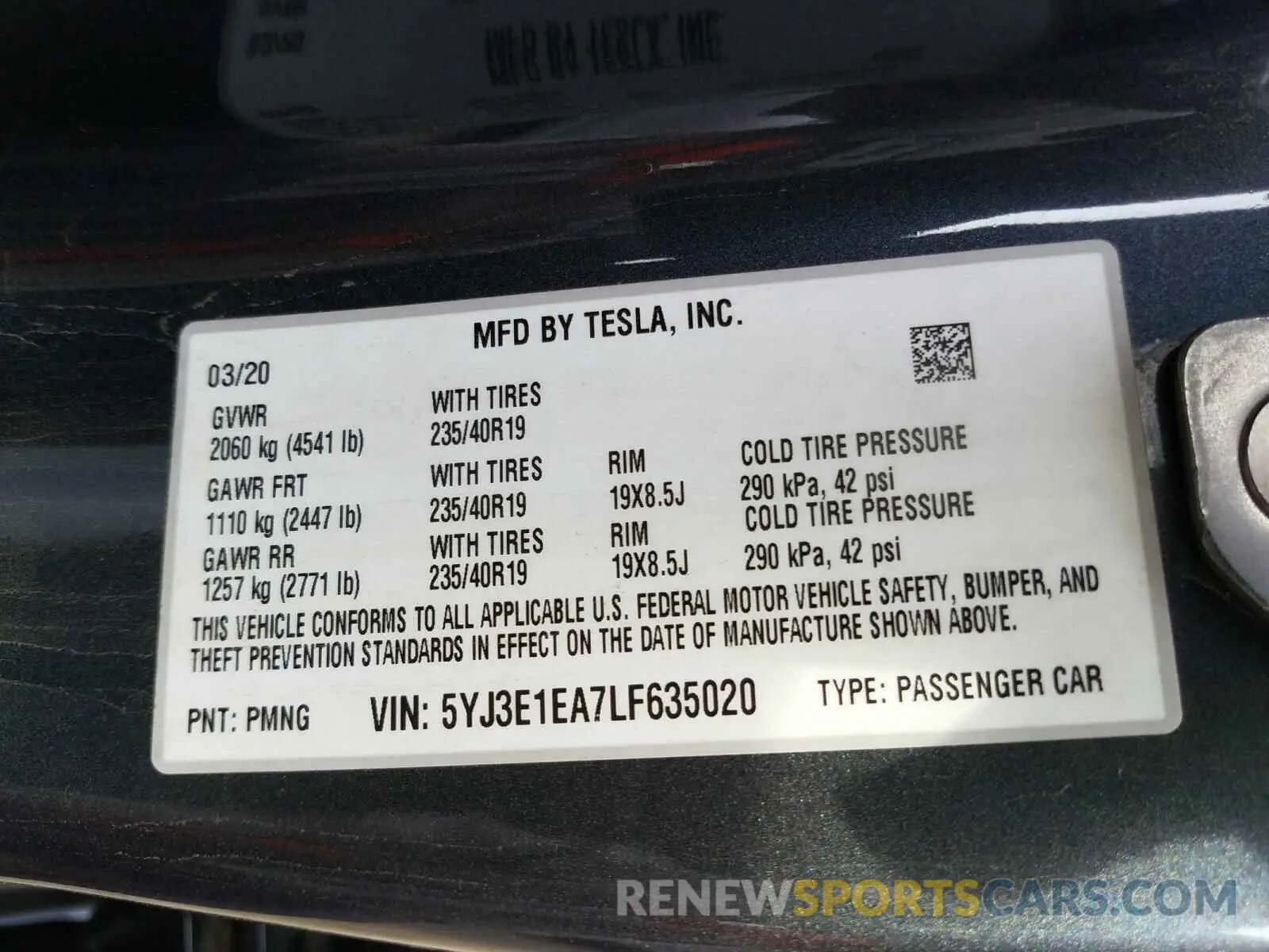 10 fotografías del automóvil dañado 5YJ3E1EA7LF635020 TESLA MODEL 3 2020