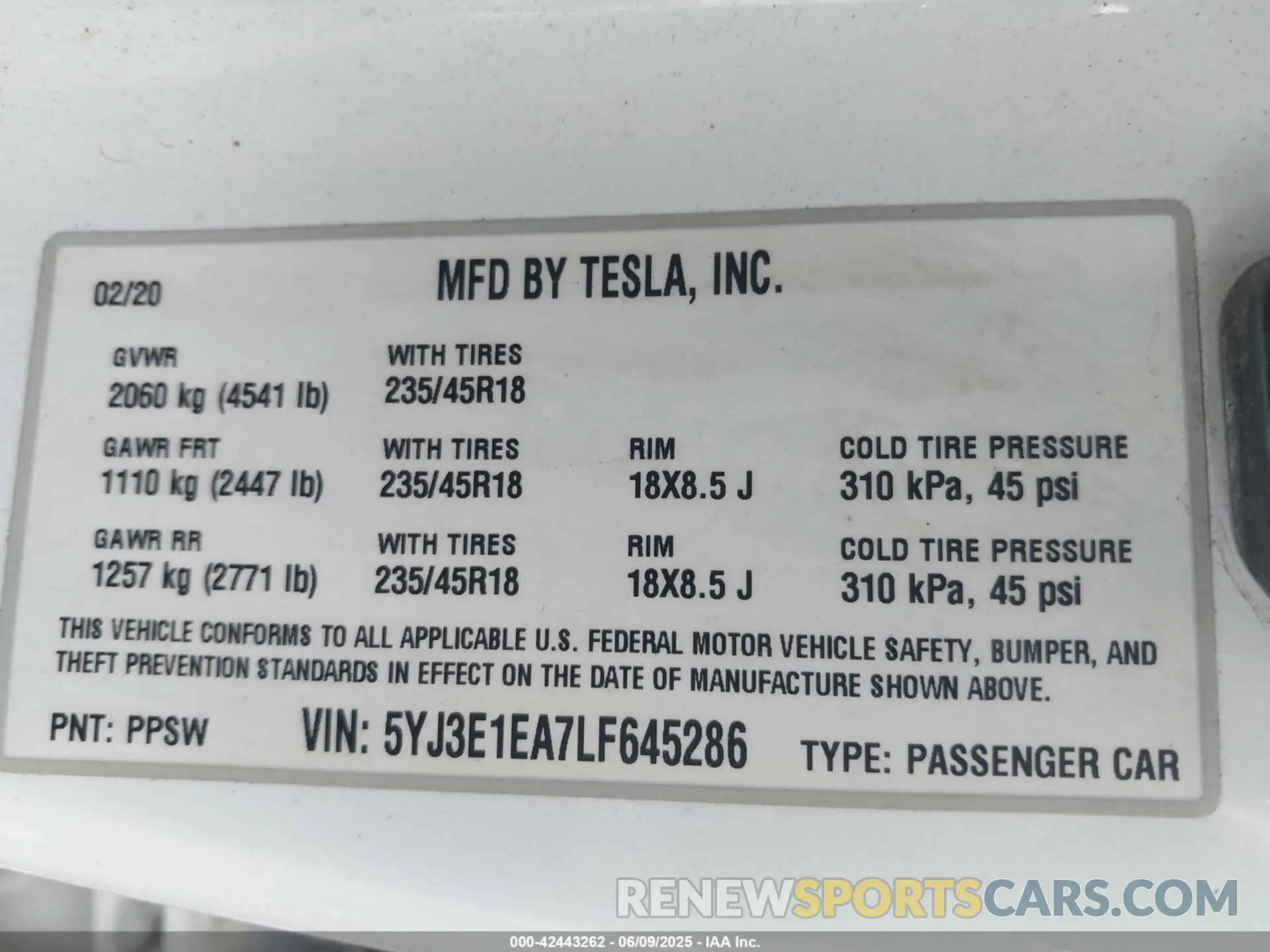 9 fotografías del automóvil dañado 5YJ3E1EA7LF645286 TESLA MODEL 3 2020