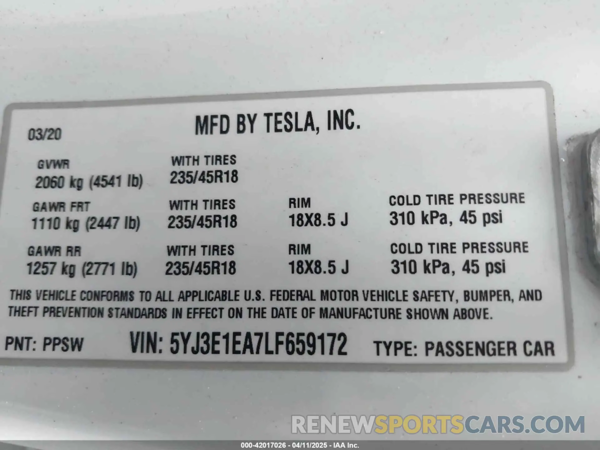 9 fotografías del automóvil dañado 5YJ3E1EA7LF659172 TESLA MODEL 3 2020