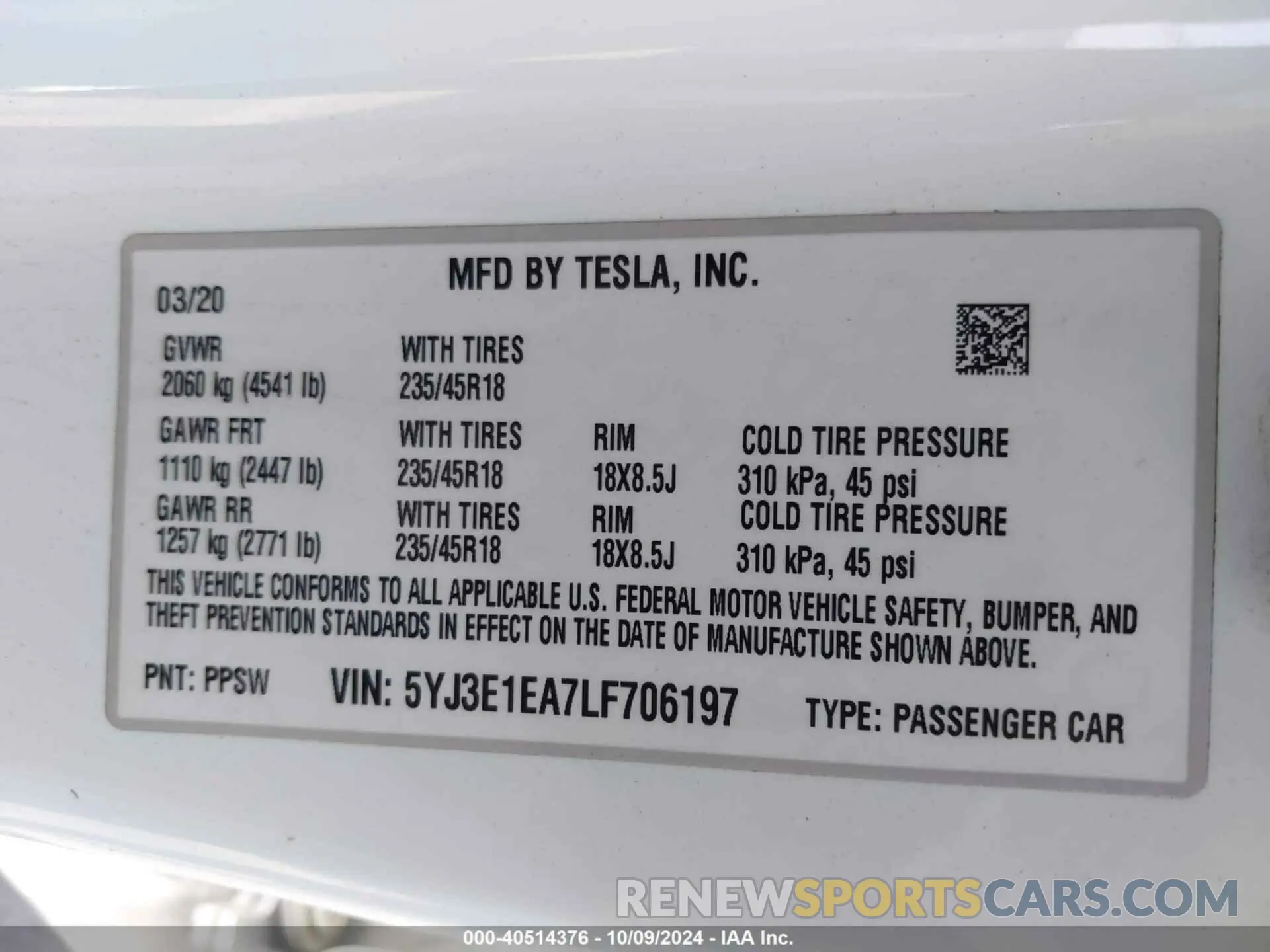 9 fotografías del automóvil dañado 5YJ3E1EA7LF706197 TESLA MODEL 3 2020