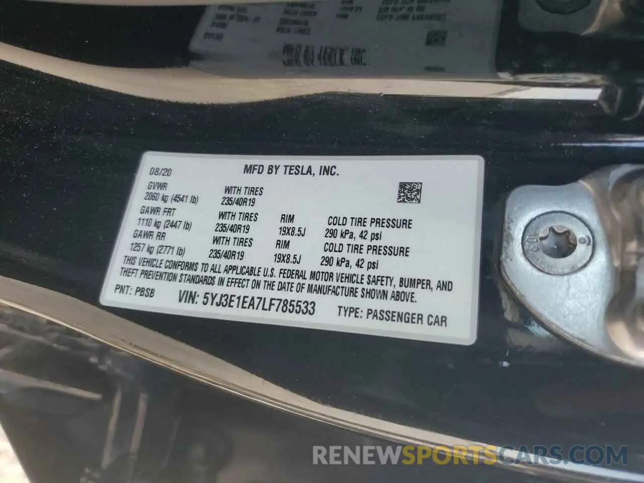 12 fotografías del automóvil dañado 5YJ3E1EA7LF785533 TESLA MODEL 3 2020