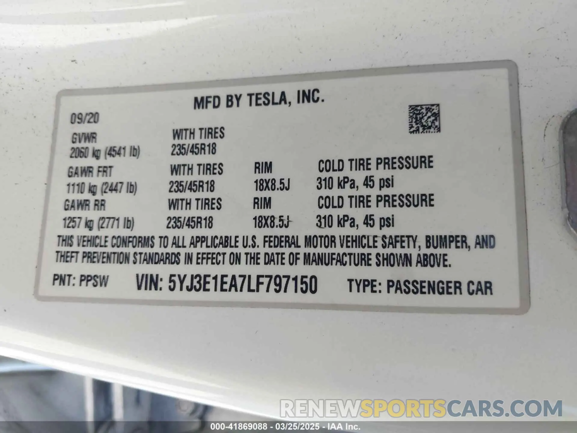 9 fotografías del automóvil dañado 5YJ3E1EA7LF797150 TESLA MODEL 3 2020