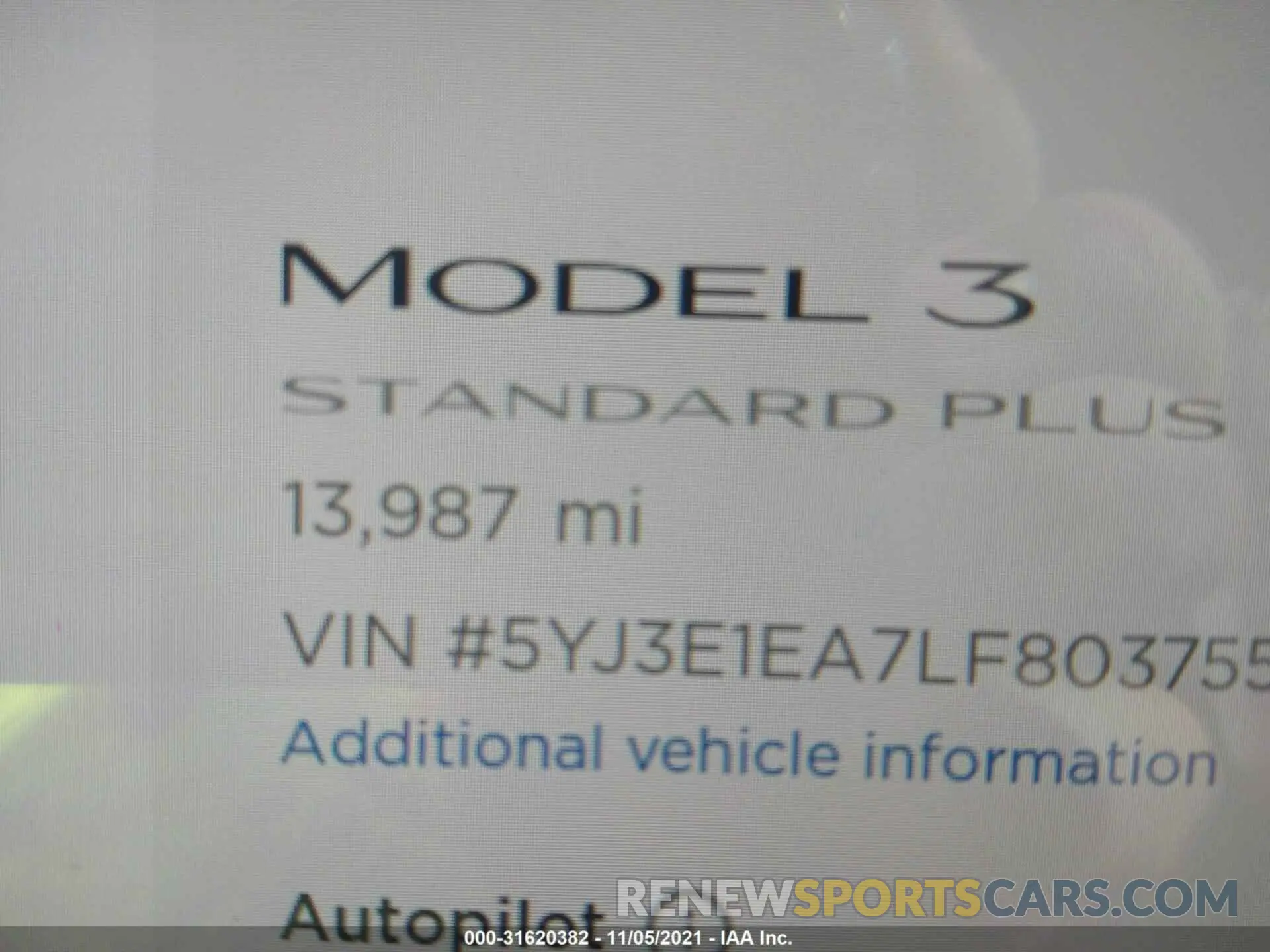 7 fotografías del automóvil dañado 5YJ3E1EA7LF803755 TESLA MODEL 3 2020