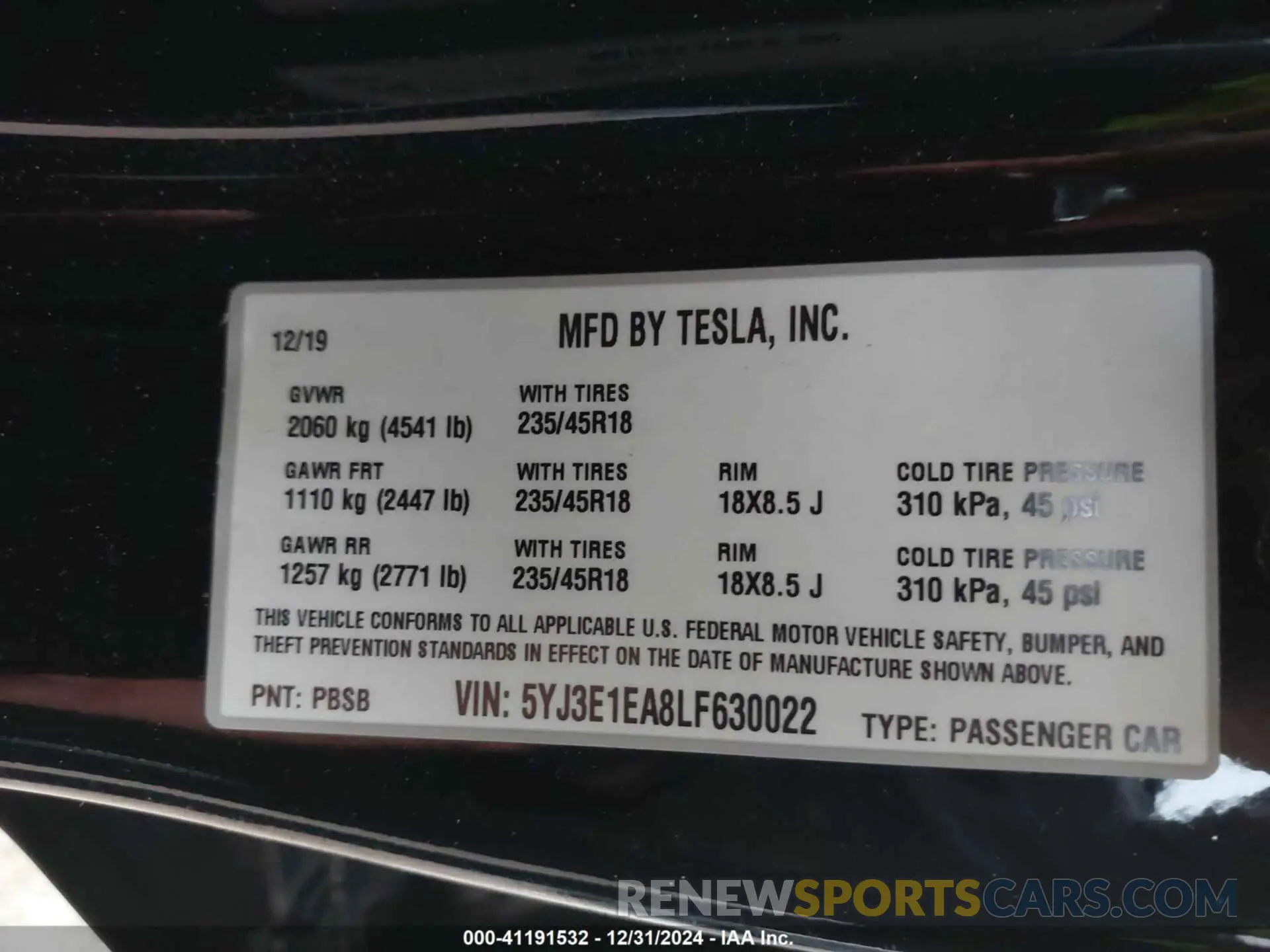 9 fotografías del automóvil dañado 5YJ3E1EA8LF630022 TESLA MODEL 3 2020