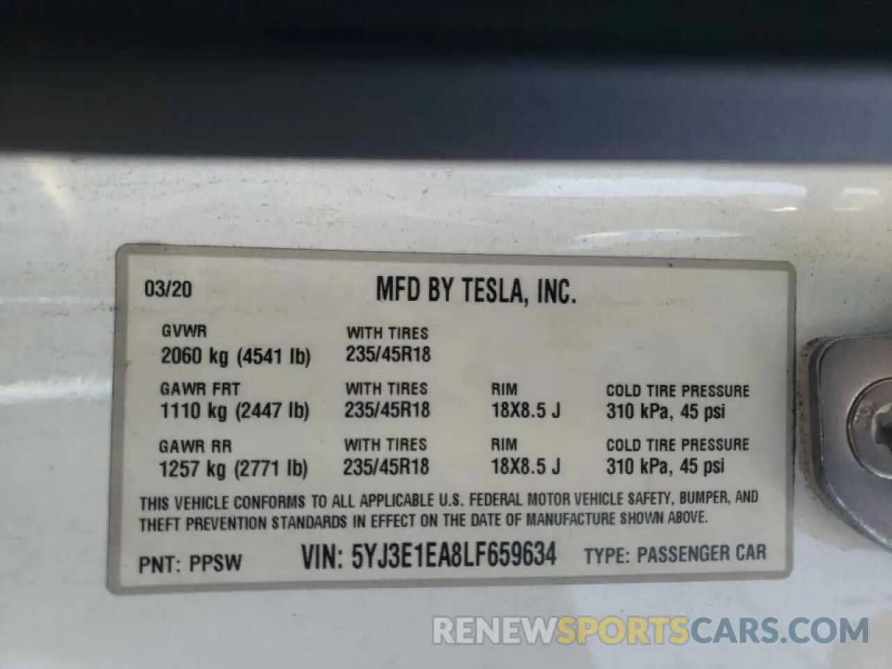 10 fotografías del automóvil dañado 5YJ3E1EA8LF659634 TESLA MODEL 3 2020