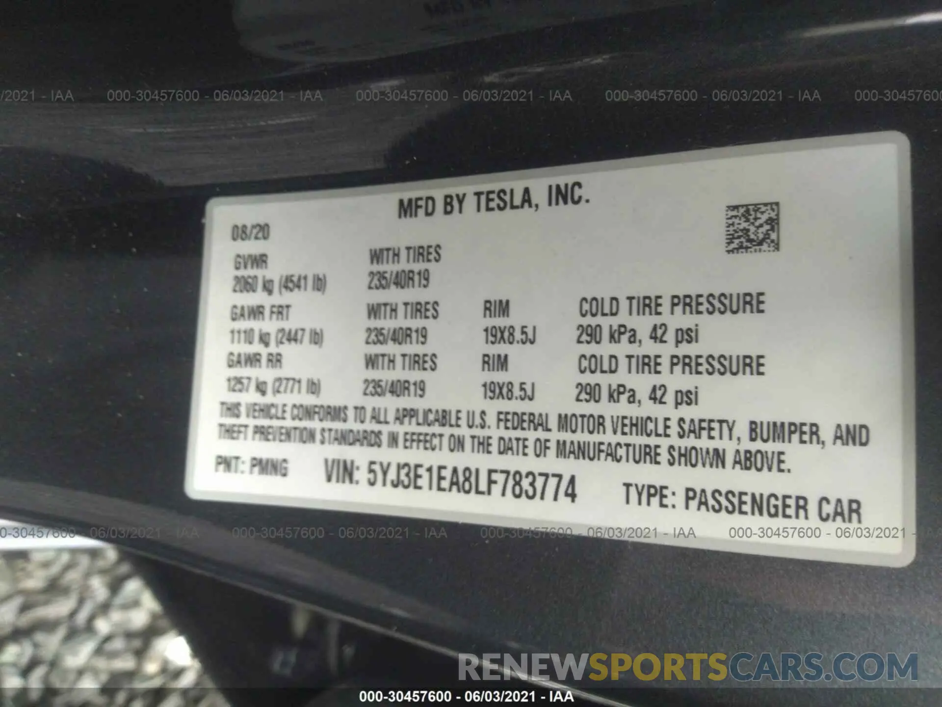 9 fotografías del automóvil dañado 5YJ3E1EA8LF783774 TESLA MODEL 3 2020