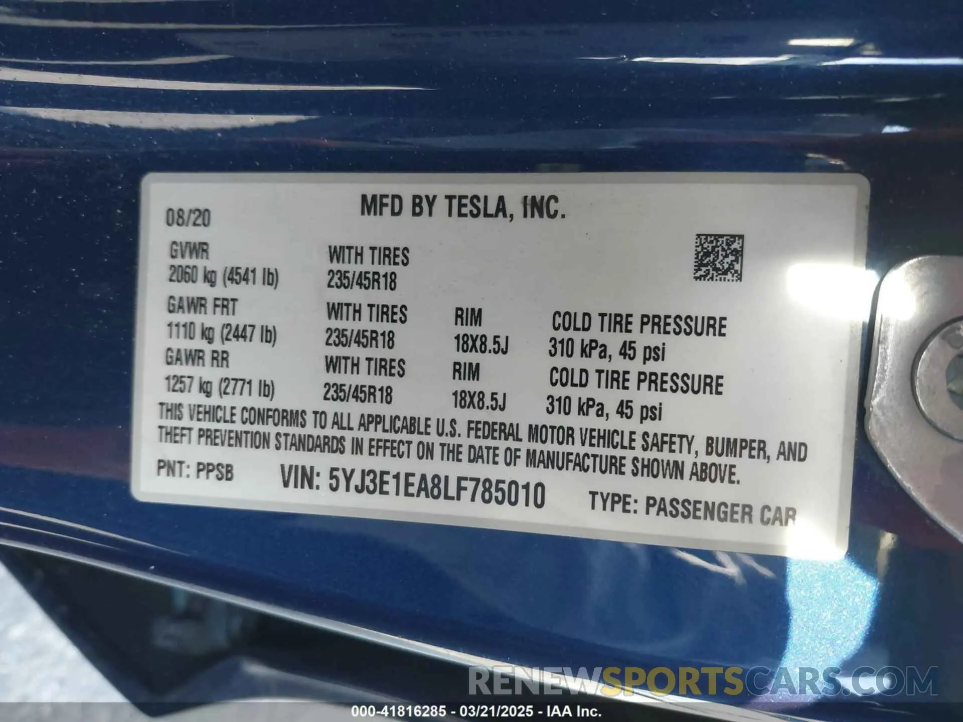9 fotografías del automóvil dañado 5YJ3E1EA8LF785010 TESLA MODEL 3 2020