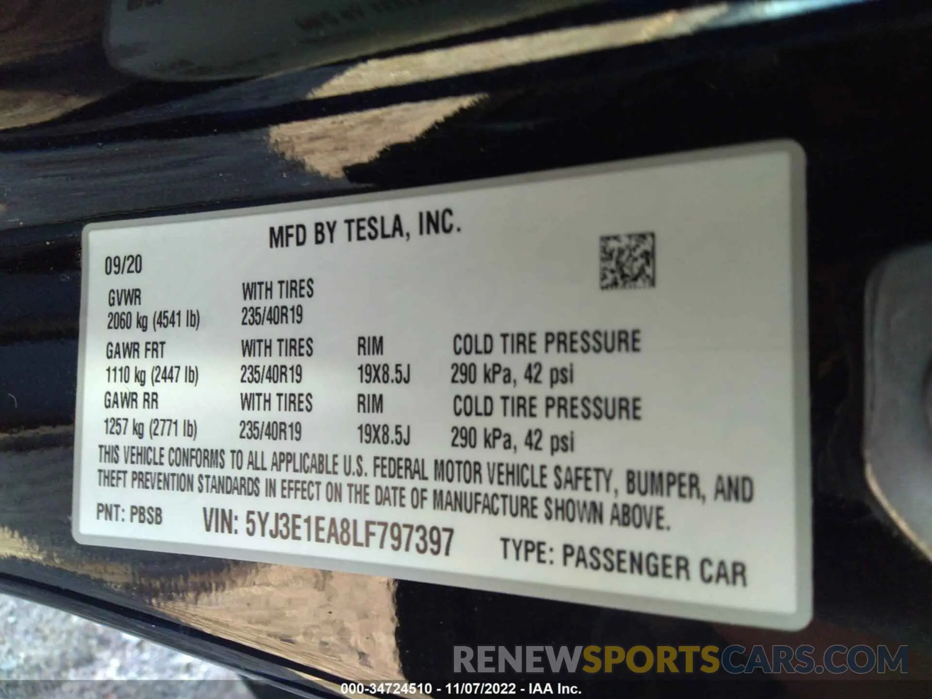 9 fotografías del automóvil dañado 5YJ3E1EA8LF797397 TESLA MODEL 3 2020