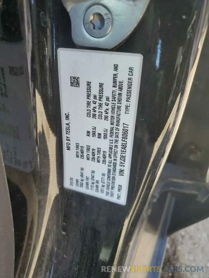 12 fotografías del automóvil dañado 5YJ3E1EA8LF806017 TESLA MODEL 3 2020