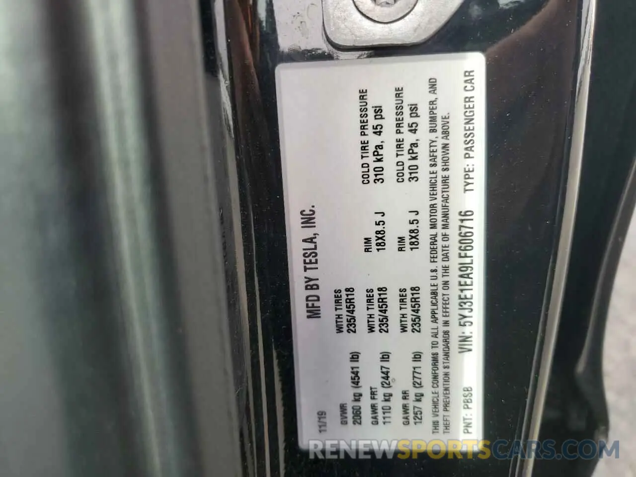 12 fotografías del automóvil dañado 5YJ3E1EA9LF606716 TESLA MODEL 3 2020