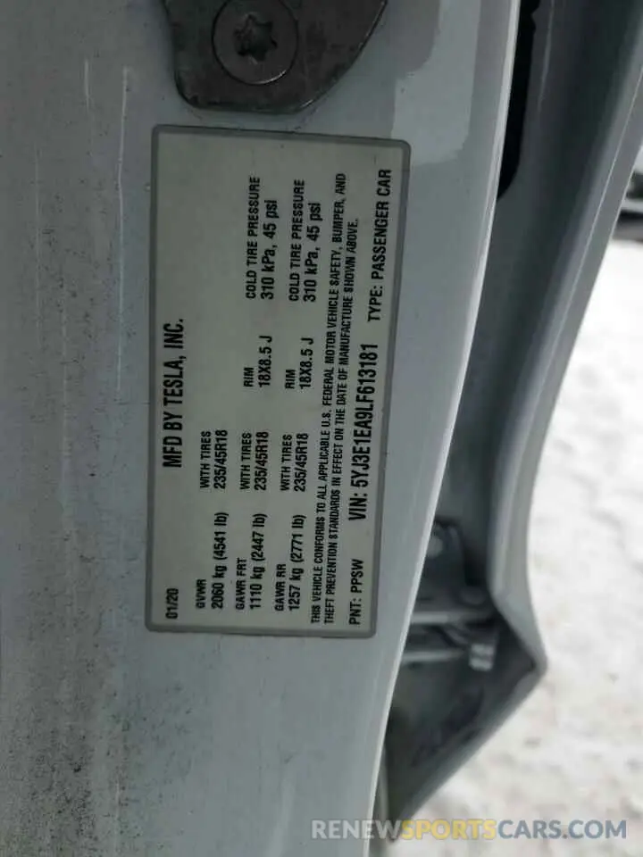 12 fotografías del automóvil dañado 5YJ3E1EA9LF613181 TESLA MODEL 3 2020